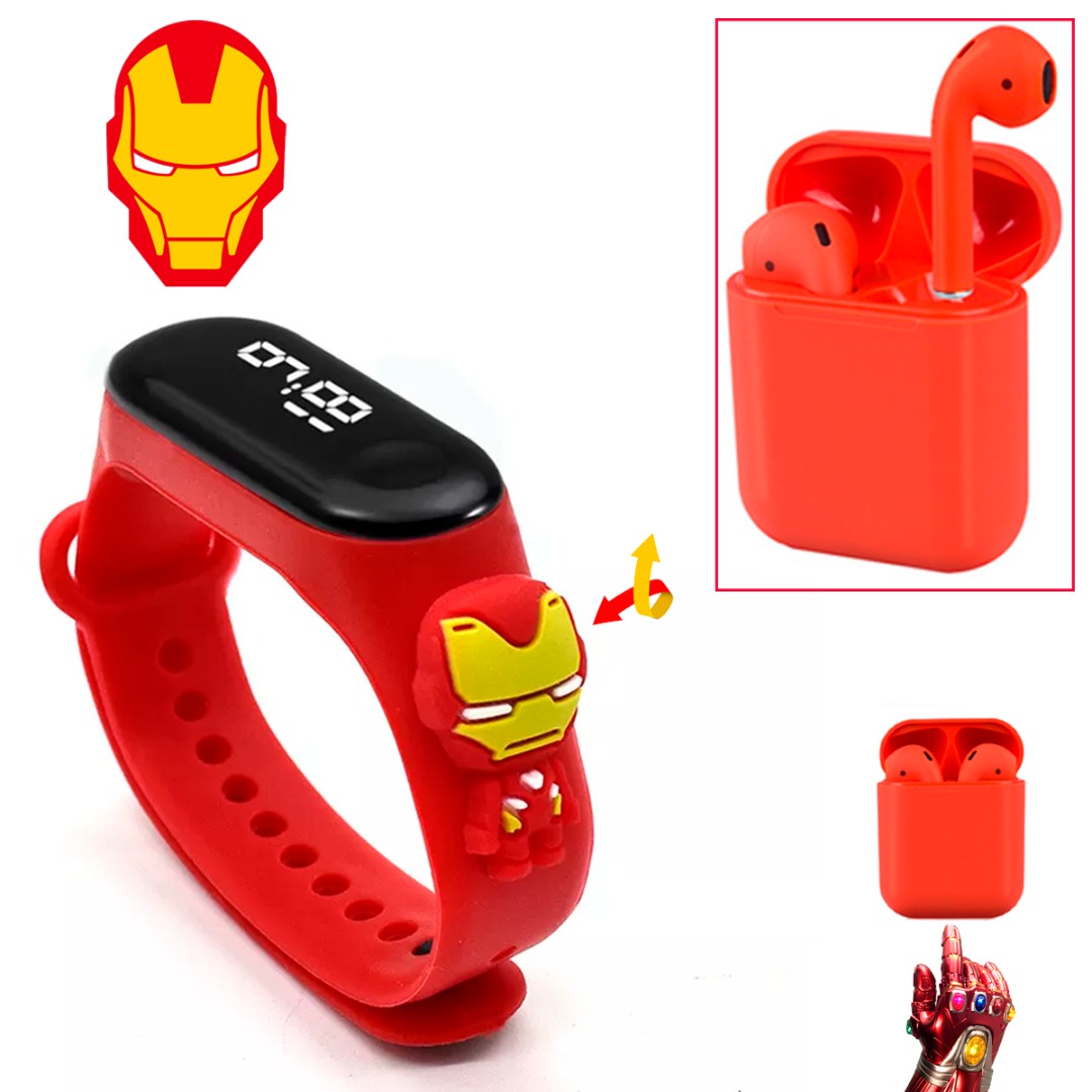 Reloj Led Digital Para Niños Personajes De Dibujos Animados Reloj De Banda Infantil Mas Audifonos Bluetooth Inalambrico i12 Android Color Rojo.