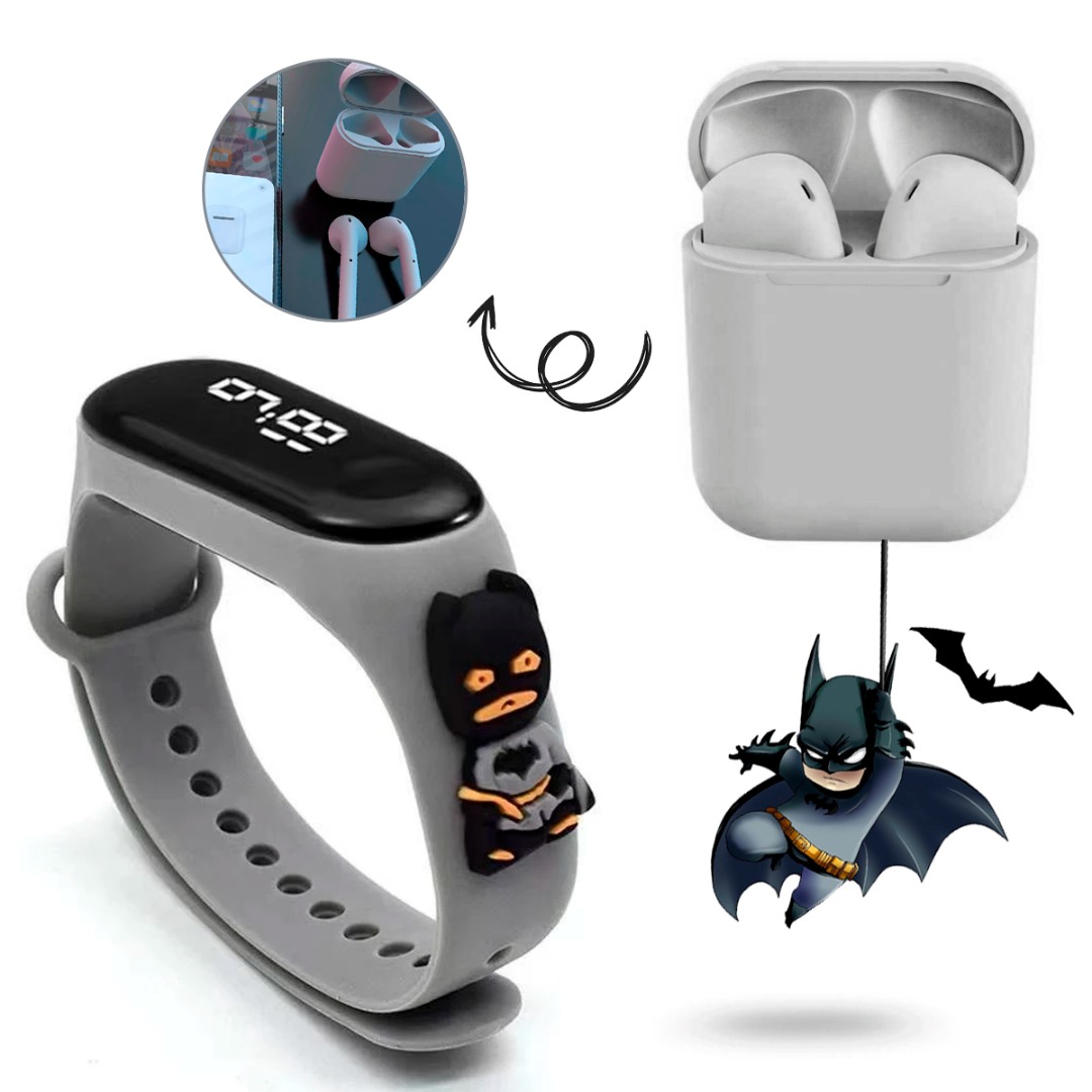 Reloj Led Digital Para Niños Personajes De Dibujos Animados Reloj De Banda Infantil Mas Audifonos Bluetooth Inalambrico i12 Android Color Gris