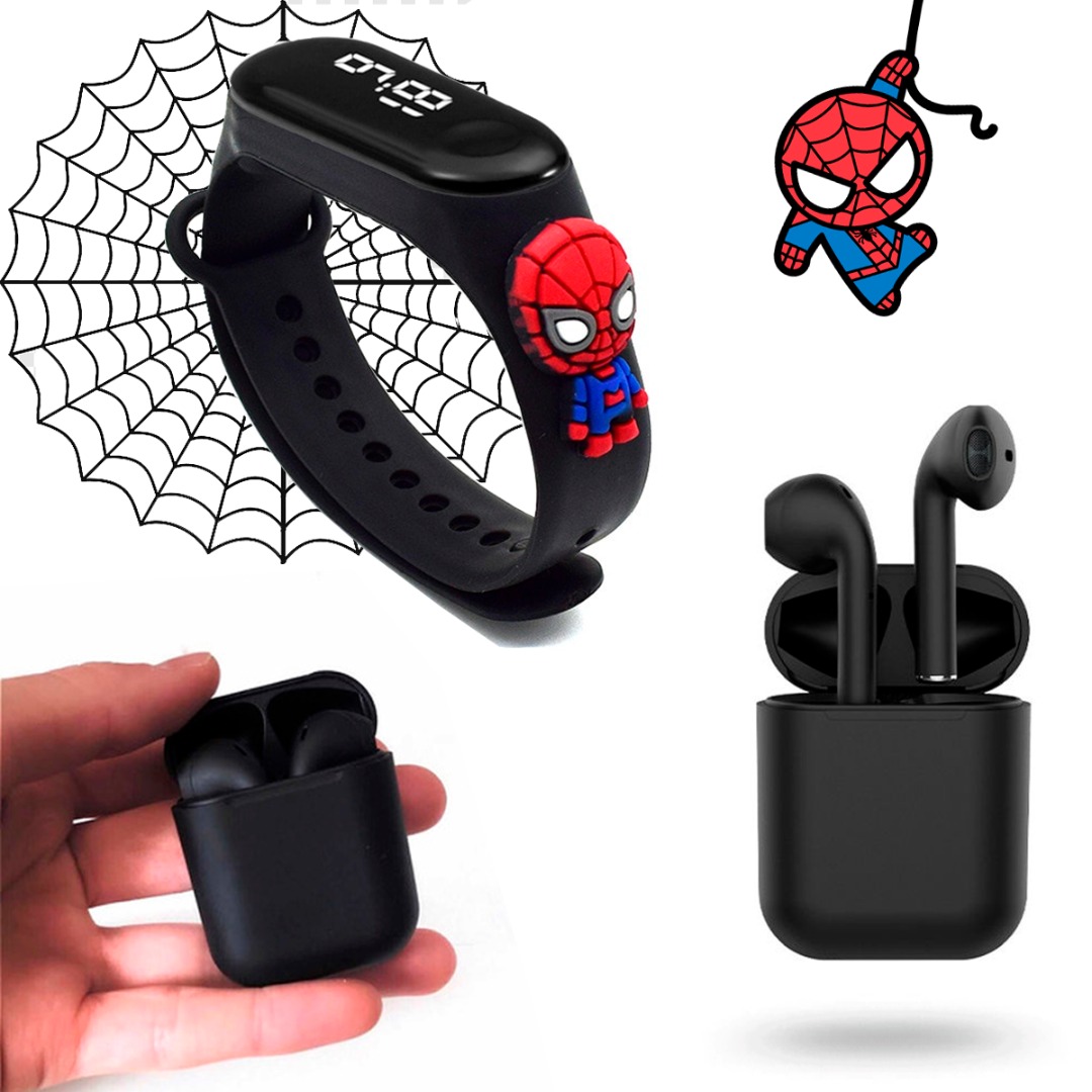 Reloj Led Digital Para Niños Personajes De Dibujos Animados Reloj De Banda Infantil Mas Audifonos Bluetooth Inalambrico i12 Android Color Negro.