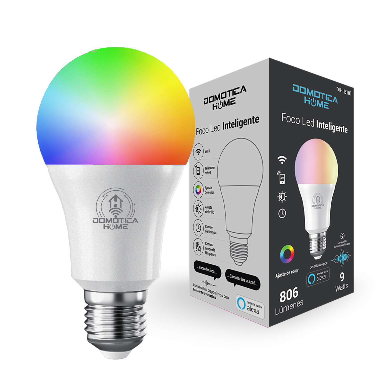 Foco Led Inteligente WIFI  DOMOTICA HOME, Multicolor + Luz Blanca Fría y Cálida (RGB + Rango de Luz Blanca 2700K a 6500K, 806 Lumens en Luces Blancas), Compatible con iOS, Android, Alexa y Asistente de Google para redes de 2.4 GHz , 9W, Dimmable Desd...