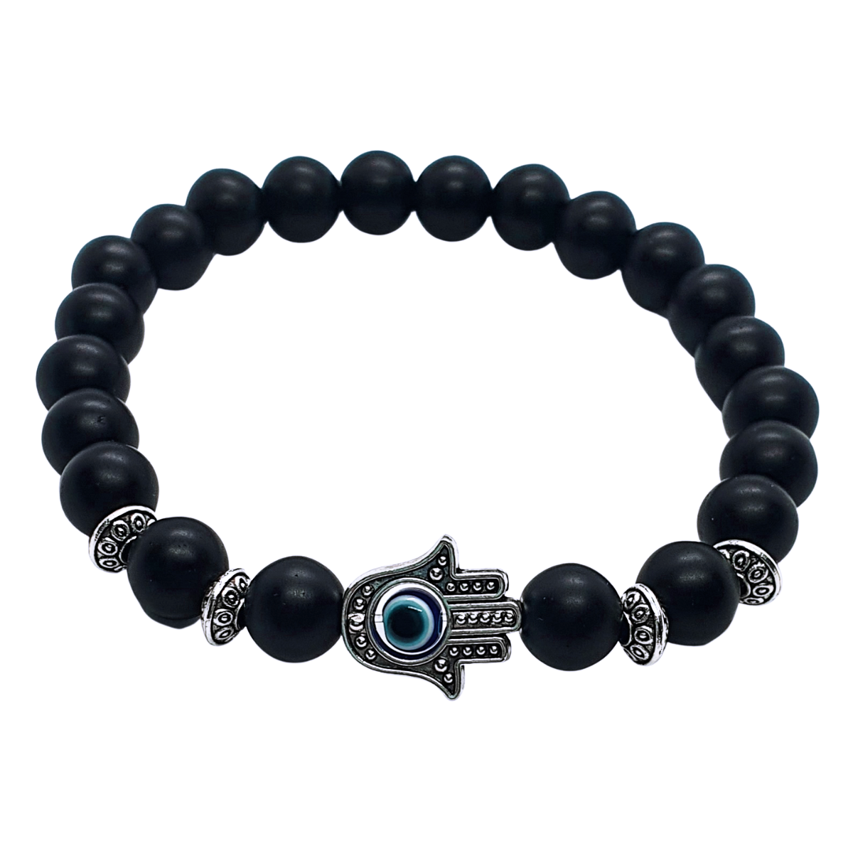 Pulsera ojo turco hombre Mano de Fátima con piedra onix mate.