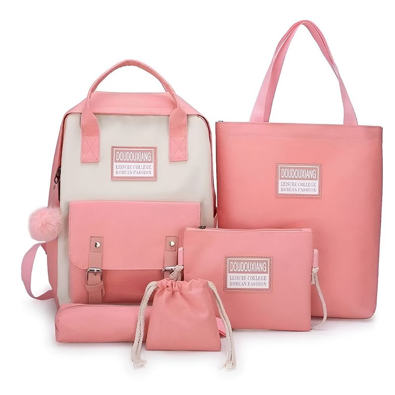 Set 5 Mochila Bolsas Escolar Estudiante Lapicera Tote Lona Rosa