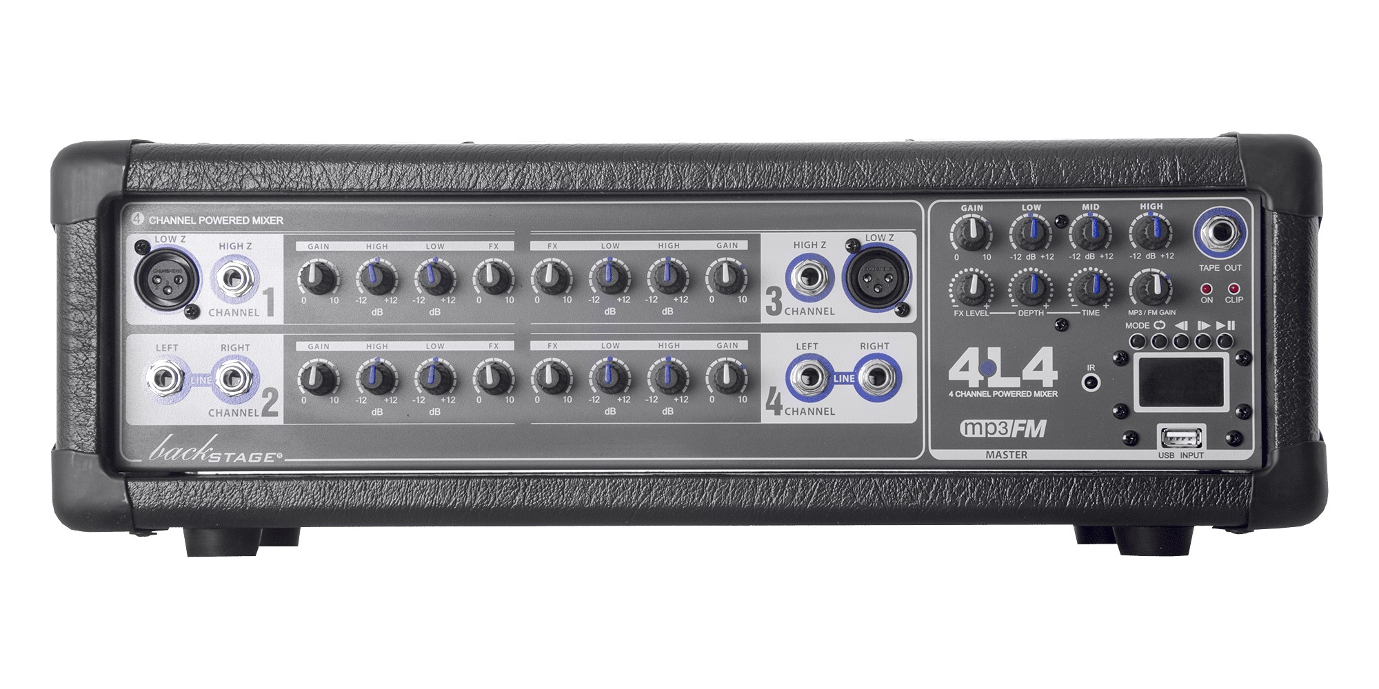 Consola BACKSTAGE amplificada usb, 4L4 canales 400 watts.