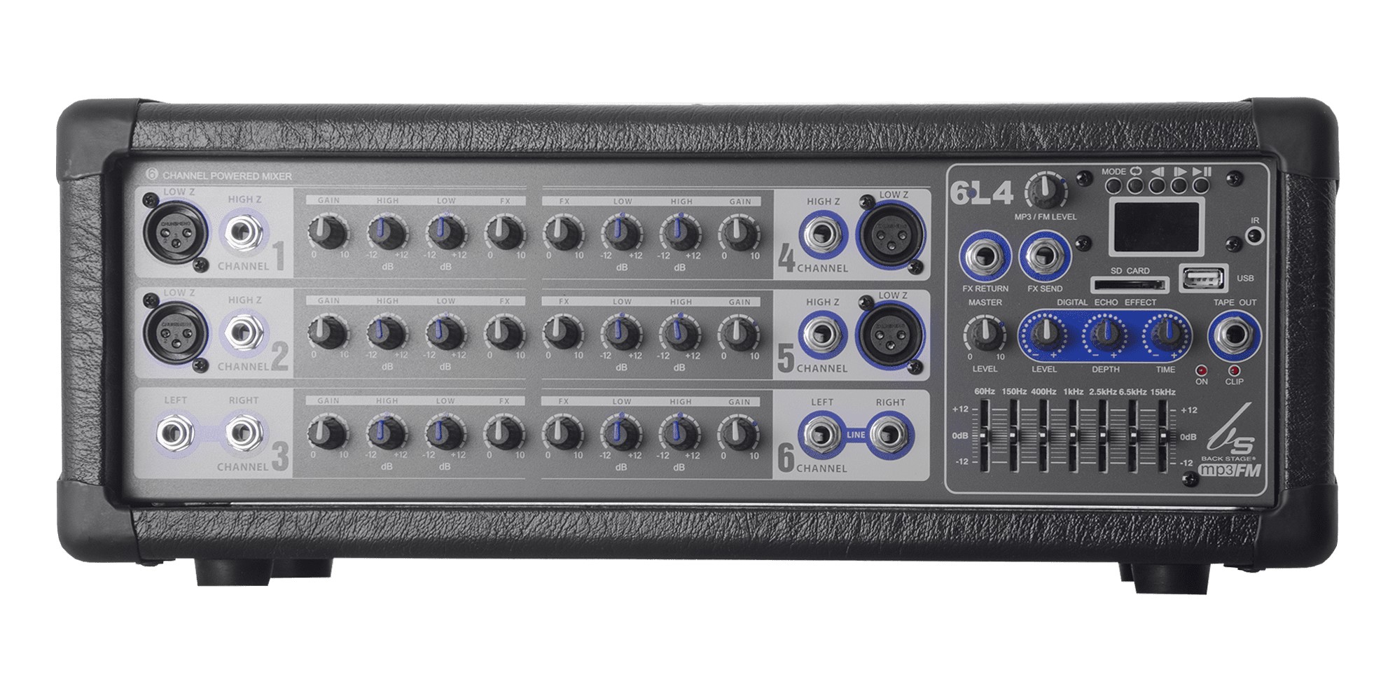 Consola BACKSTAGE amplificada usb 6L4 6canales 400watts.