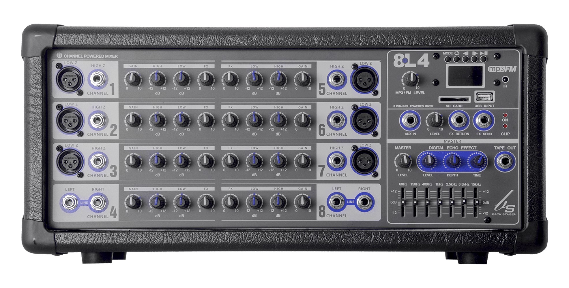 Consola BACKSTAGE ampplificada usb 8L4 8canales 400watts.