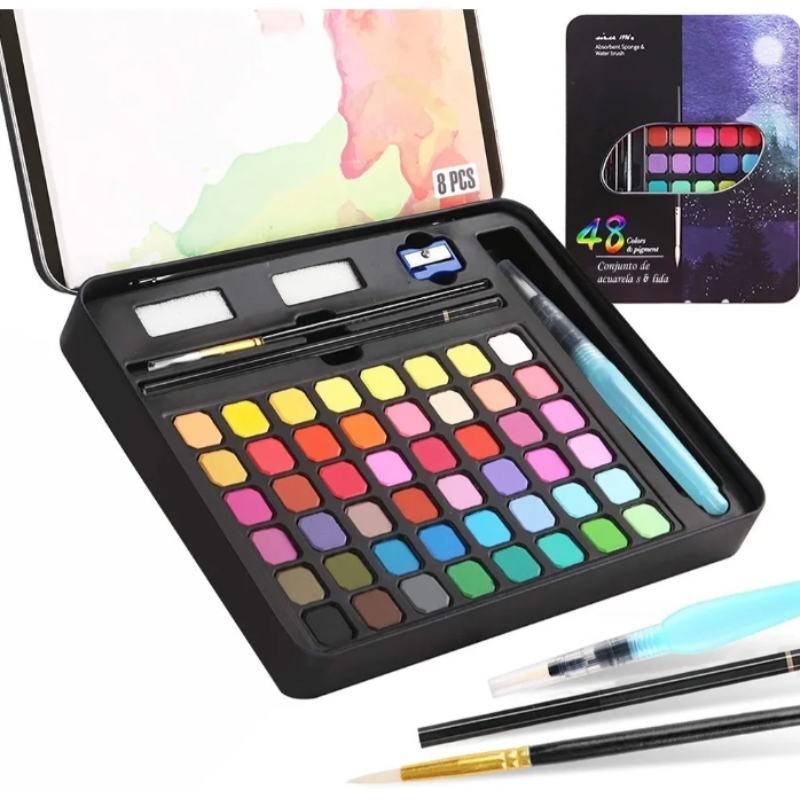 Juego de pintura de acuarela con pincel de acuarela, 12/24/36/48 colores vivos, pintura altamente pigmentada, regalo artístico para principiantes y profesionales Compra barata en