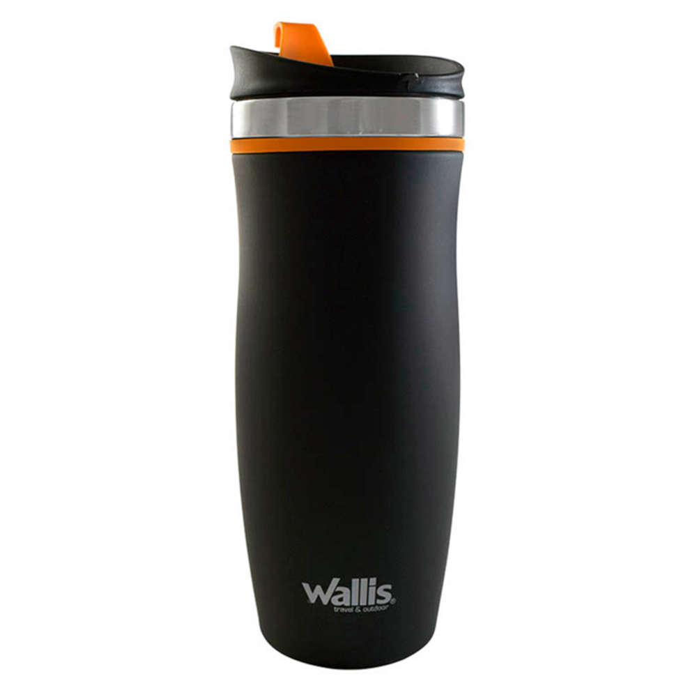 Vaso térmico de acero inoxidable, con tapa rosca, 450 ml, negro/naranja.