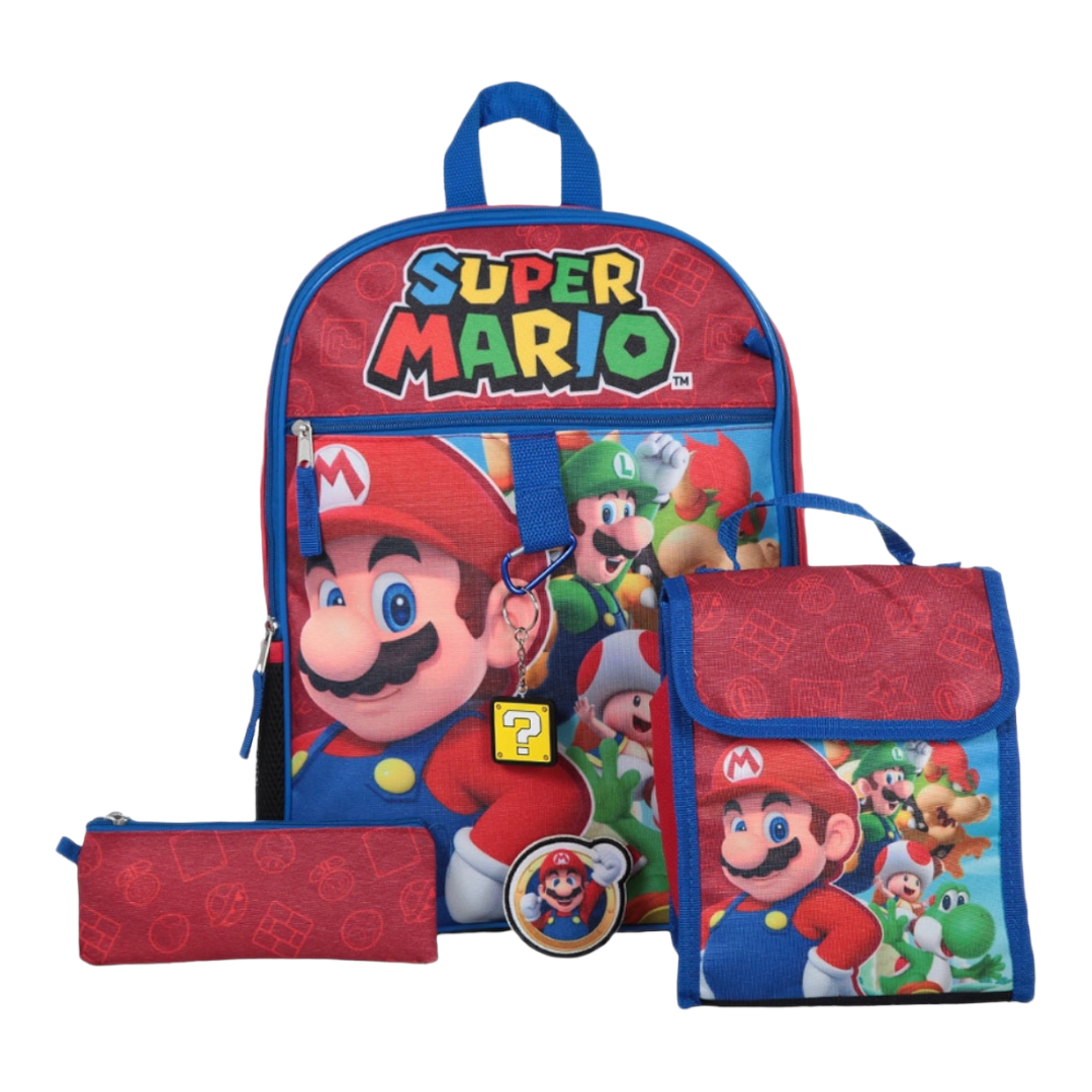 Set De Mochila Escolar, Lonchera y lapicera  Nintendo Mario Bros 41x29 cm.