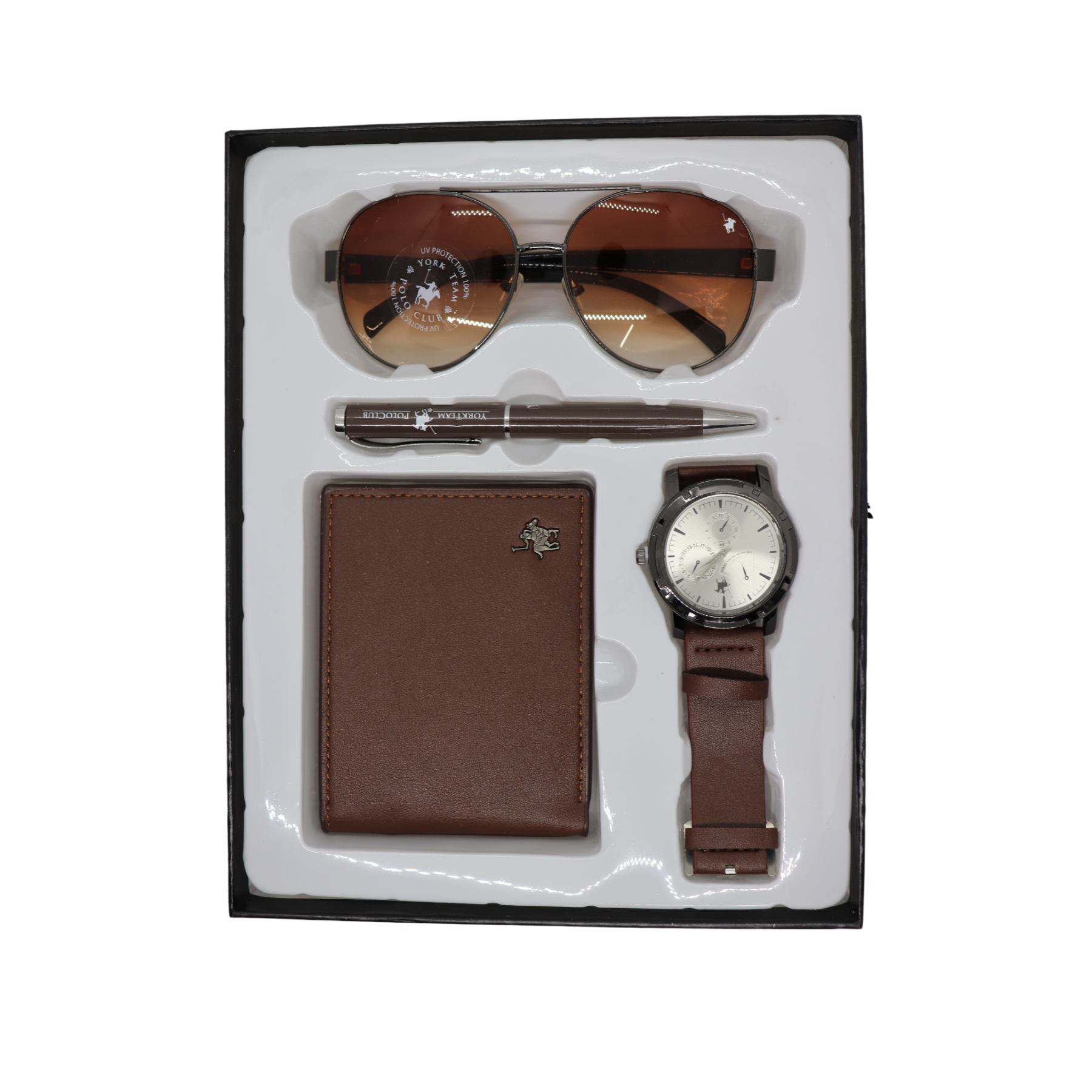 Kit Cartera Reloj Pluma Lentes Cafe Polo Club Set Para Regalo