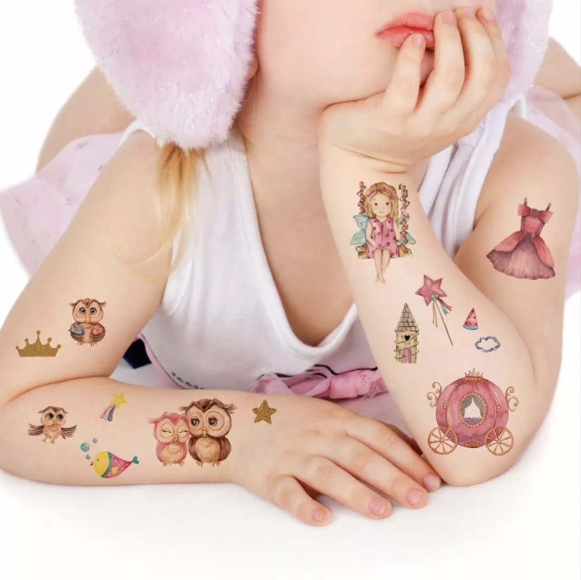 Tatuajes de Fantasía Temporales Hada Sirena Princesa Niños 12pz