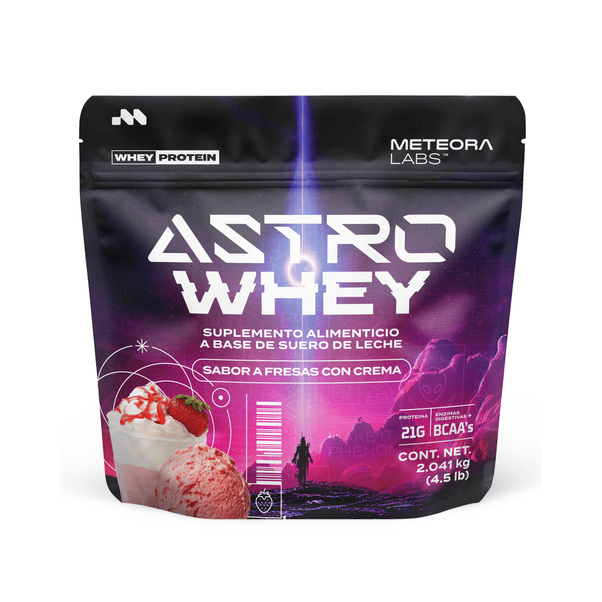 METEORA LABS | Astro Whey | Proteína de Suero de leche| 21g por Porción | Aminoácidos Esenciales | Enzimas Digestivas | 5 Sabores | 58 Porciones | Apoyo a Entrenamientos y Bienestar (Fresas con Crema)