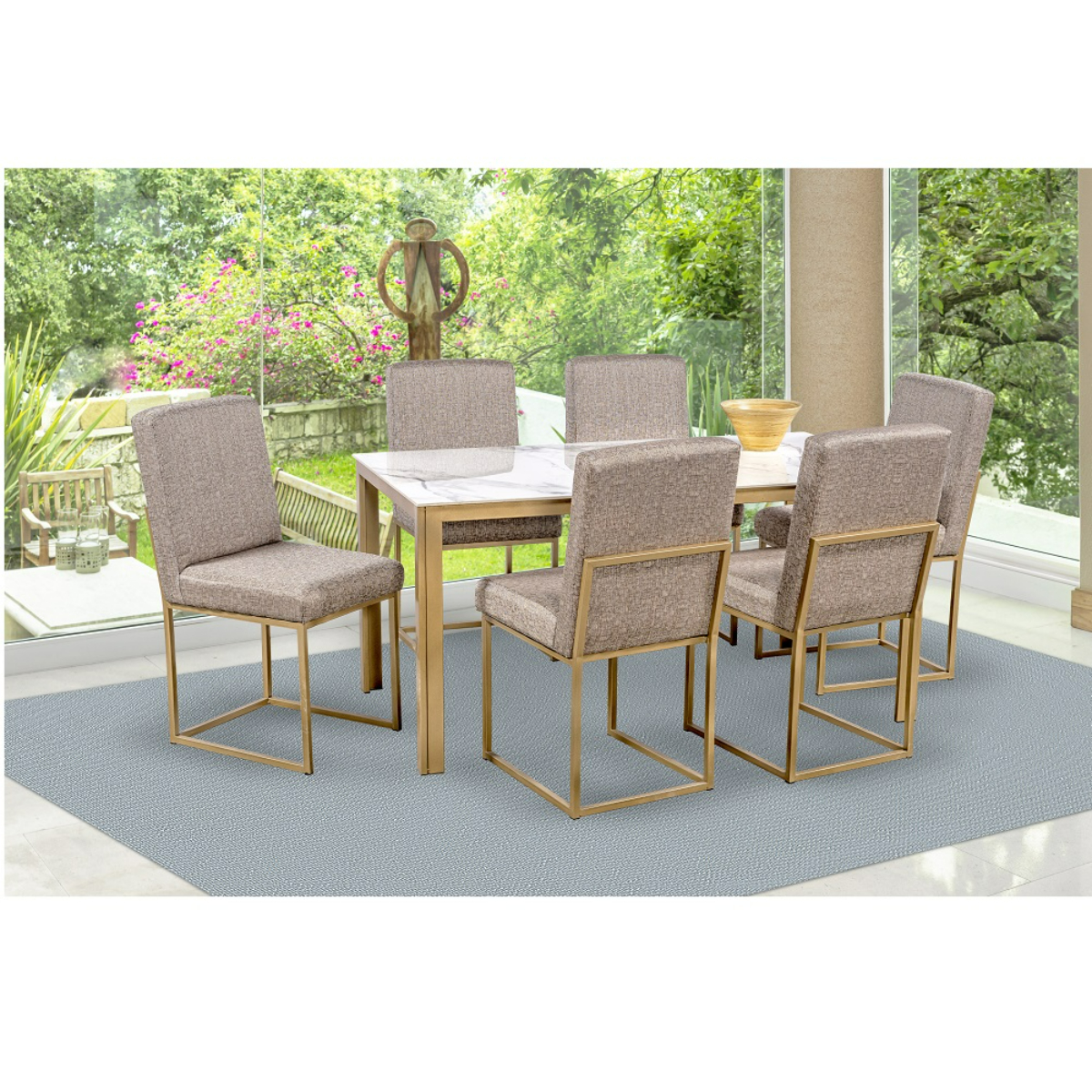 Comedor Soria Golden 6 Sillas Tubular Cubierta Porcelanato Mármol