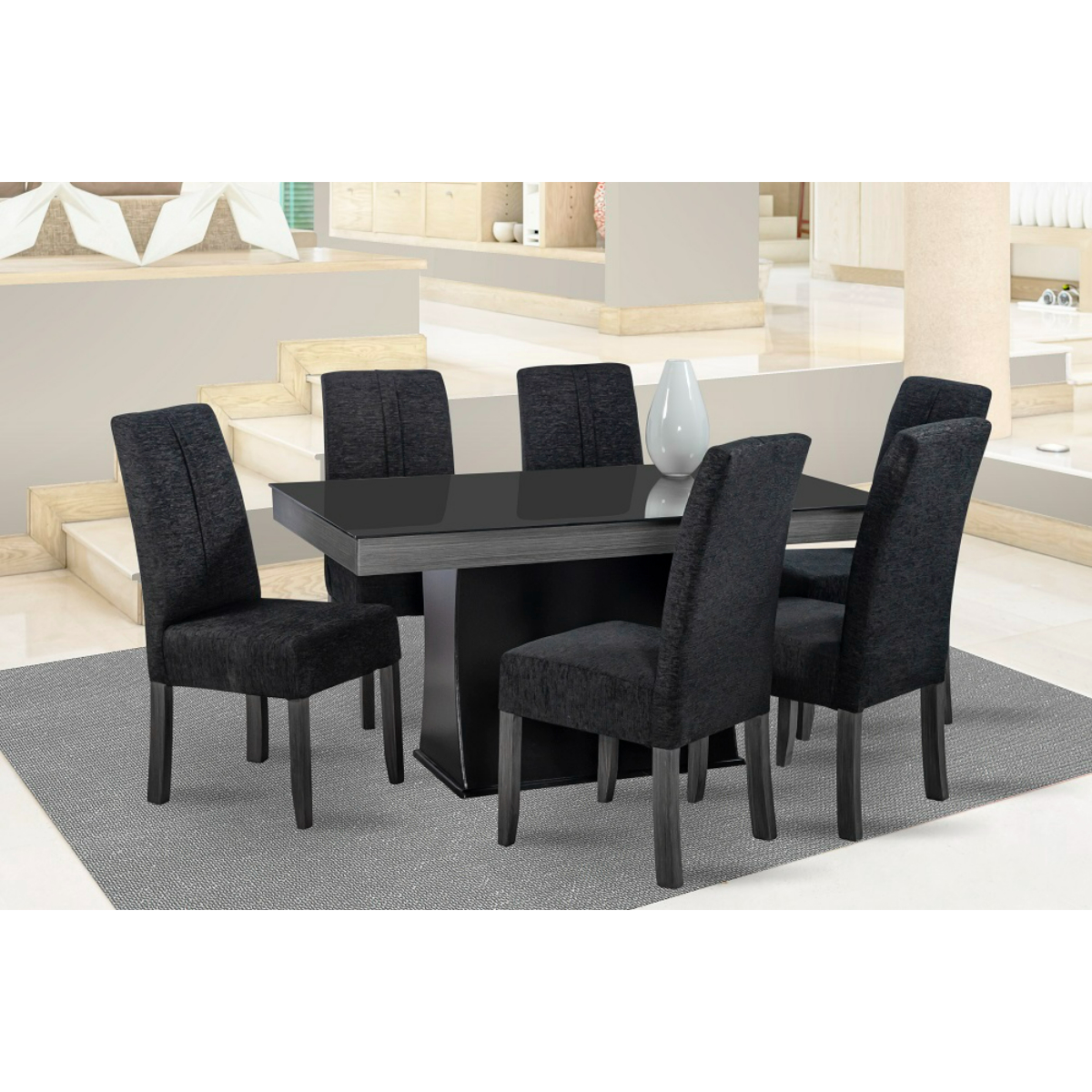 Comedor Giza 6 Sillas Tubular Madera y Cubierta Cristal Negro.