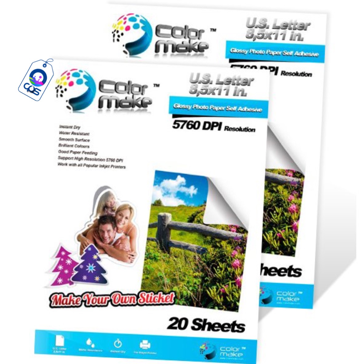 Papel fotográfico glossy autoadhesivo Color Make (2 paquetes con 50 hojas c/u).