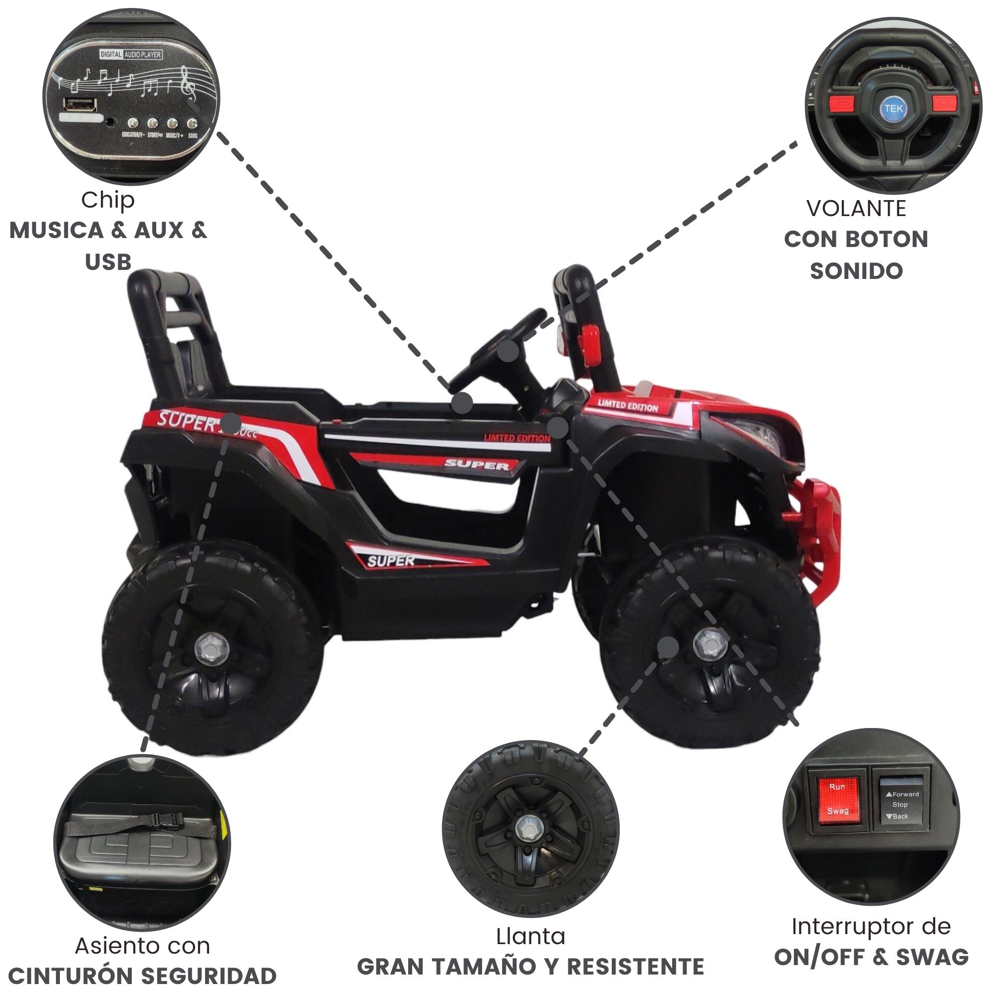 Montable Electrico Control Remoto 5KM/H Musica 12V Luz y Sonido Rojo