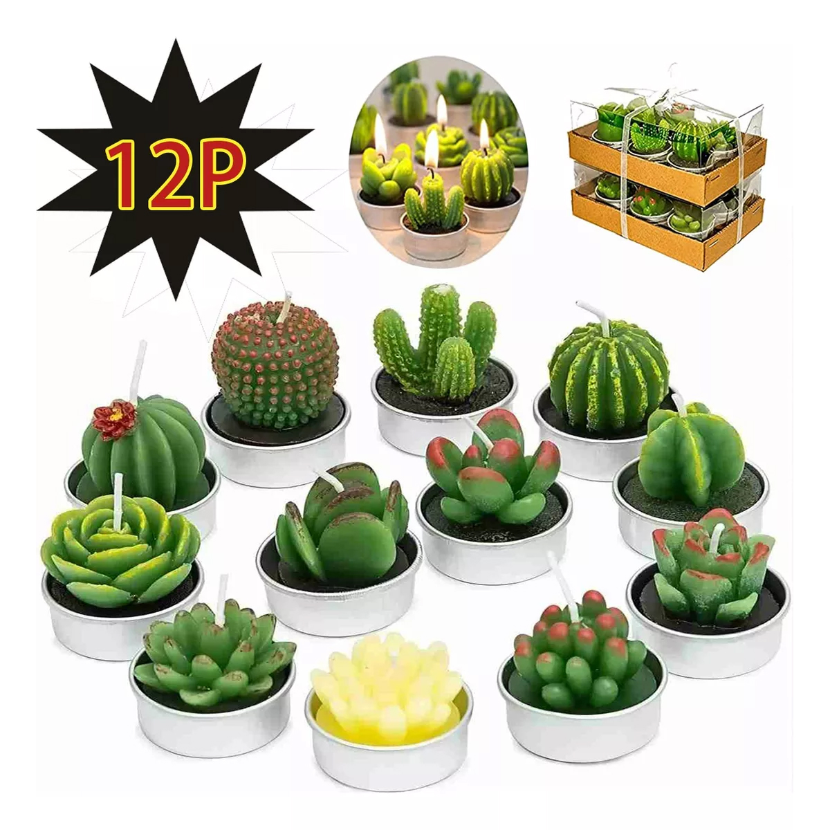 12pcs Velas Decorativas Cactus Suculenta Artificiales Verdes