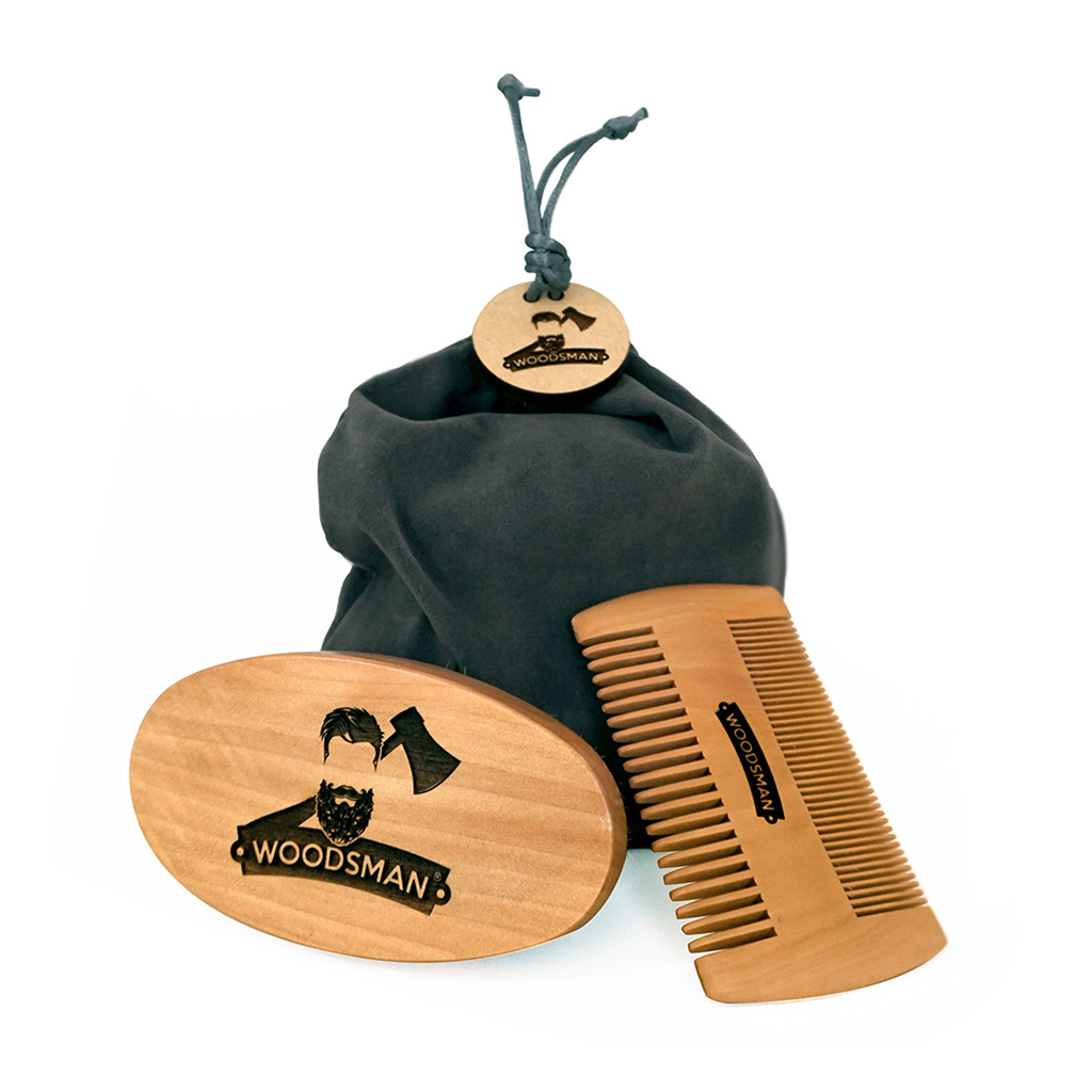 Woodsman Kit De Cepillo y Peine para Barba y Cabello de Madera y Cerdas Naturales de Jabalí con Bolsa de Viaje