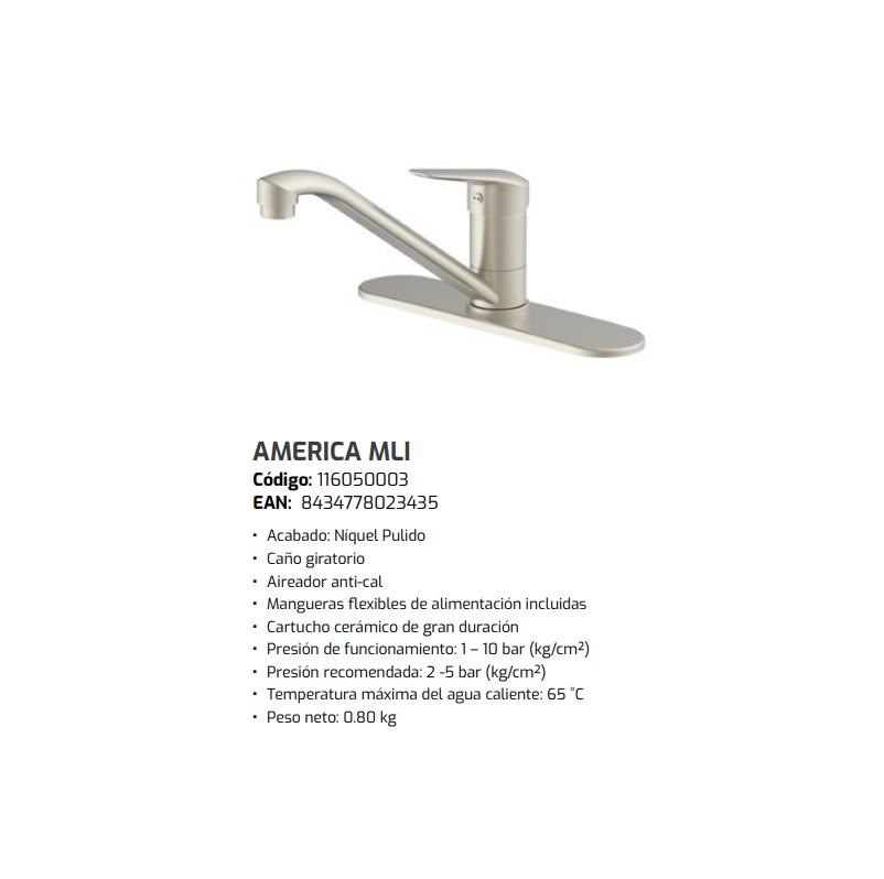 Llave Mezcladora Teka AMERICA MLI Acabado Niquelado.