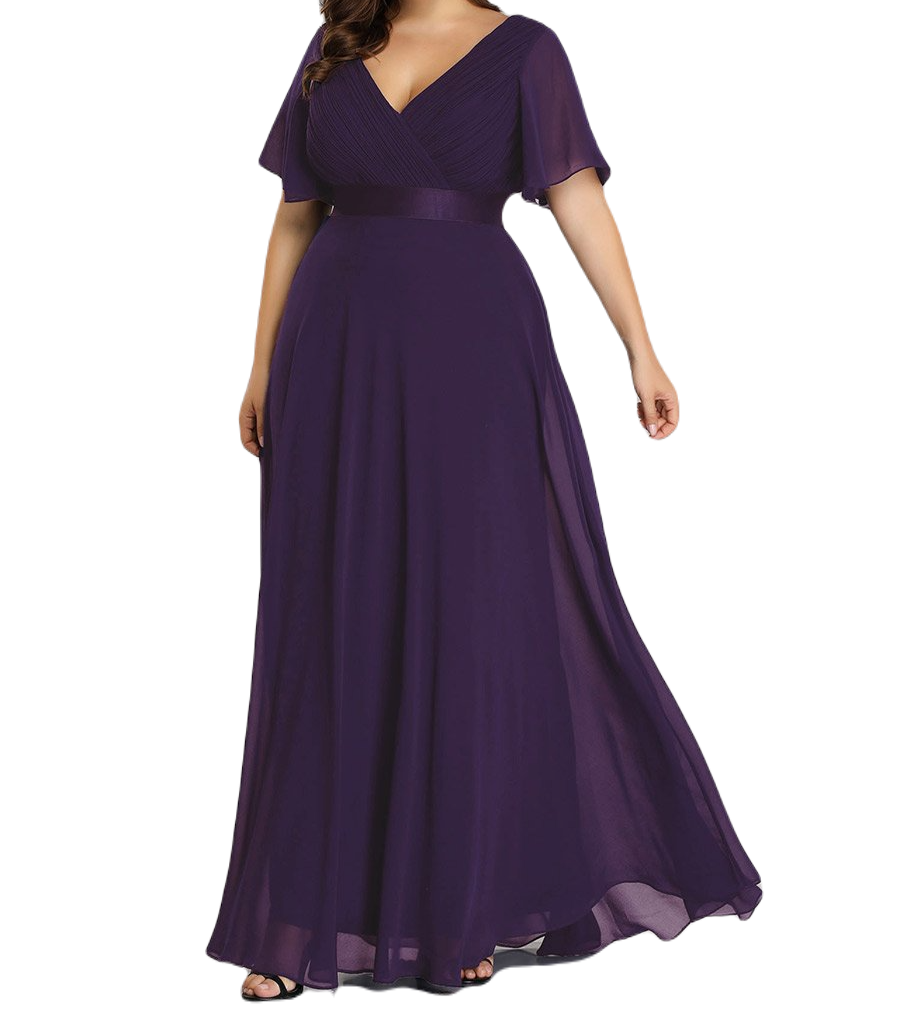 Vestido Elegante de Fiesta Largo Morado Uva para Mujer Manga Ancha Cuello V T Ch a Talla Extra