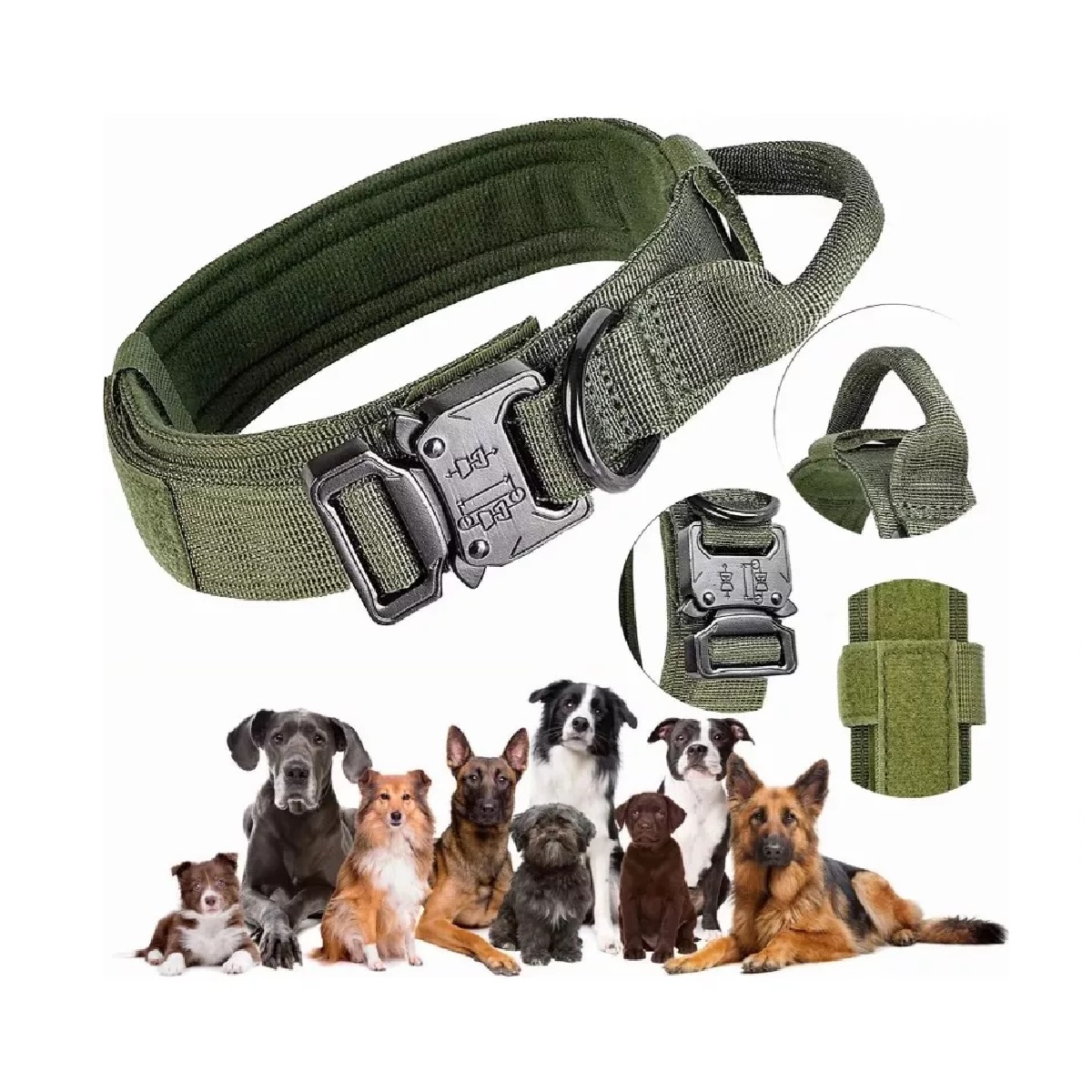 Collar Táctico Para Perros, Collar Perro Ajustable Con Mango De Control, Antidesgaste Collares Con Hebilla De Metal, Para Perros Medianos Grandes Caza Al Aire Libre Entrenamiento (Verde Militar, M