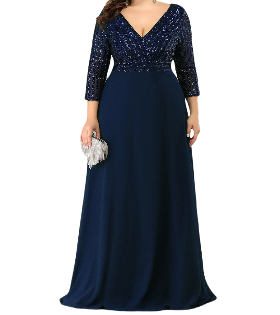 Vestido Elegante de Fiesta Largo Curvy Azul Marino con Lentejuela - Main Image