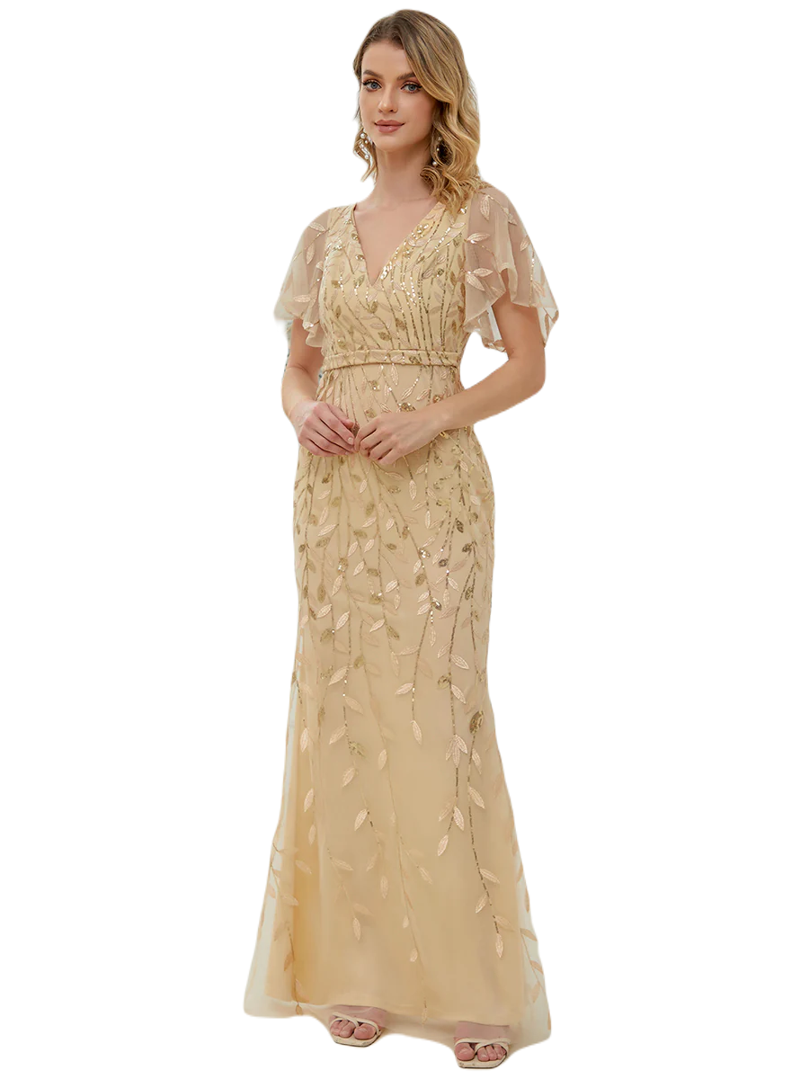 Vestido Elegante Vestidos Color Beige Con Dorado Fiesta Vestidos