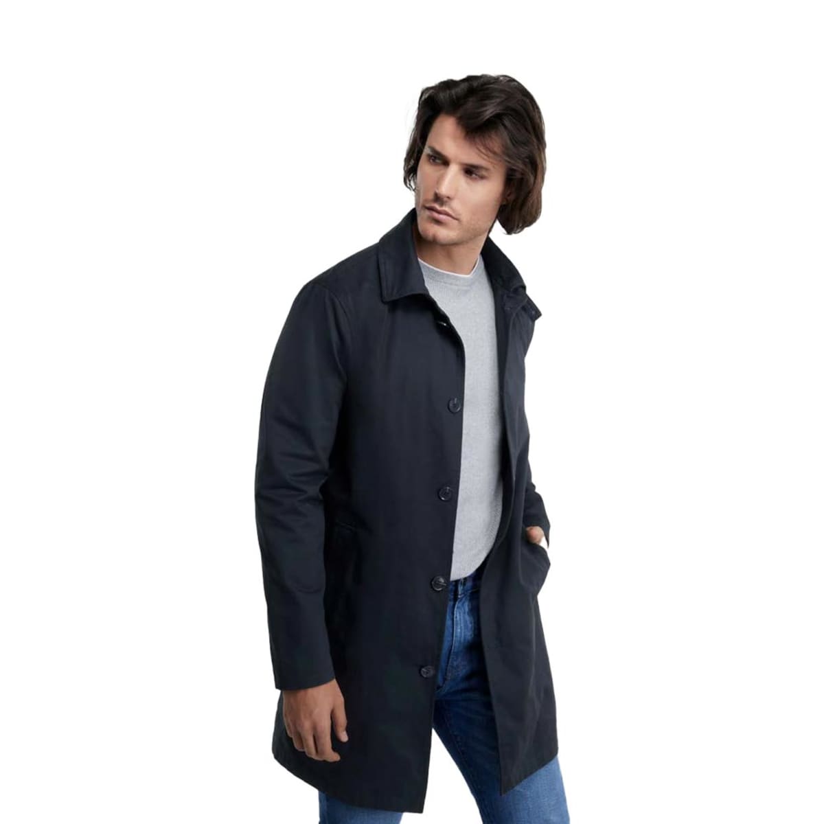 Gabardina azul marino para hombre, con bolsas, marca
