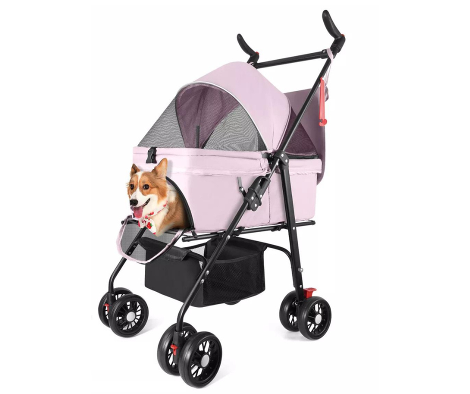 Carriola transportadora  rosa para perro o gato tamaño mediano con giro 360 grados.