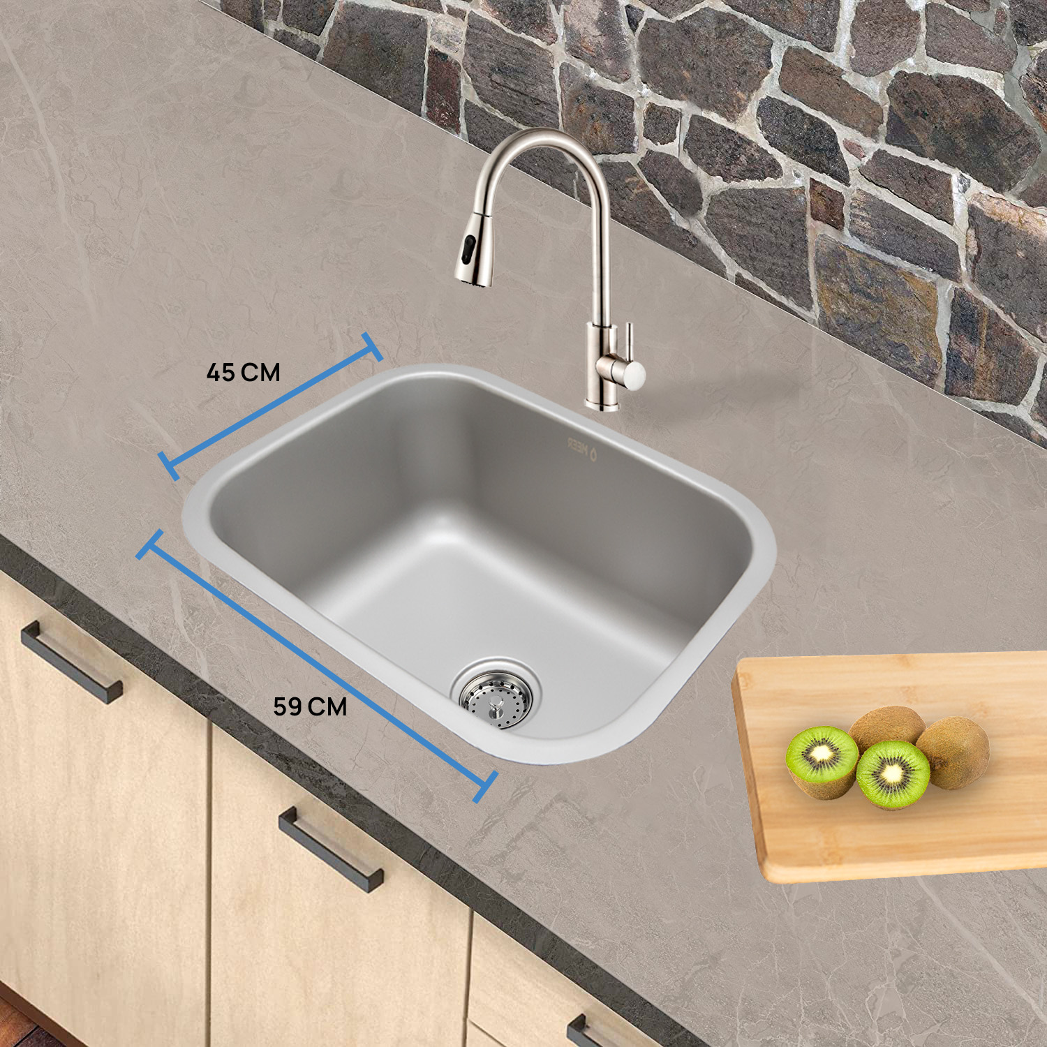 MEER Faucets by CNX | Fregadero para Cocina de Acero Inoxidable Calibre 18 para Submontar, Tarja Sencilla Satinada, 59 x 45 x 22 cm