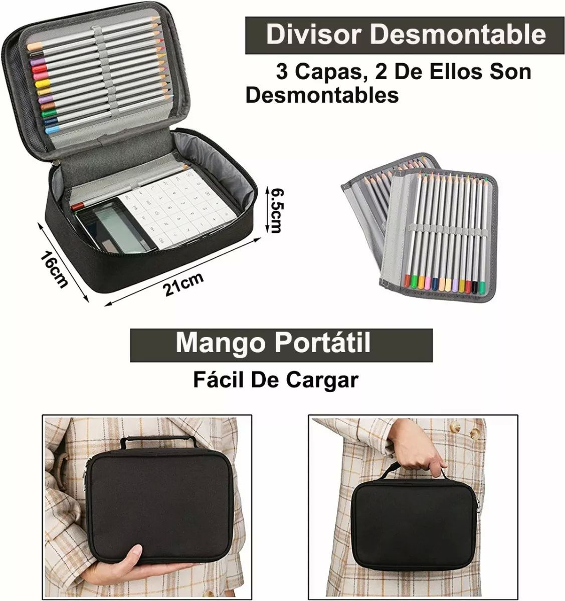 Estuche Escolar Grande Con 72 Ranuras Y 5 Compartimentos - Negro, Con Separadores Extraíbles, Ideal Para Lápices, Material De Oficina Y Accesorios