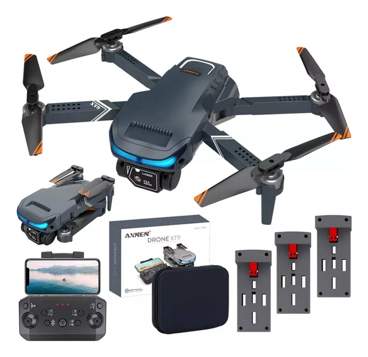 Mini drone Axnen 4K XT9 3 Battery con dual cámara HD 2.4GHz 3 baterías Oscuro Gris.