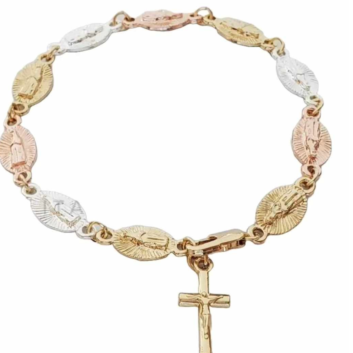 Pulsera de la Virgen de Guadalupe, medallitas y cruz de jesucristo, oro laminado 18 kilates