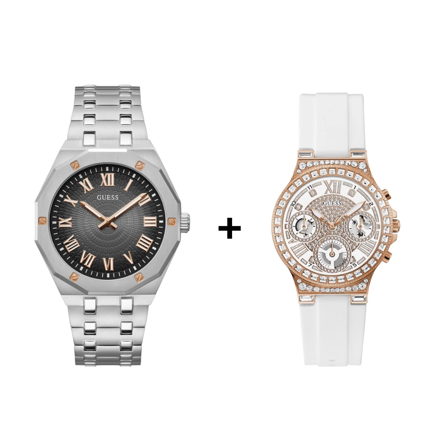 SET DE RELOJES GUESS EN PAREJA  PARA SAN VALENTÍN COLOR  PLATEADO Y BLANCO GW0575G1/GW0257L2.