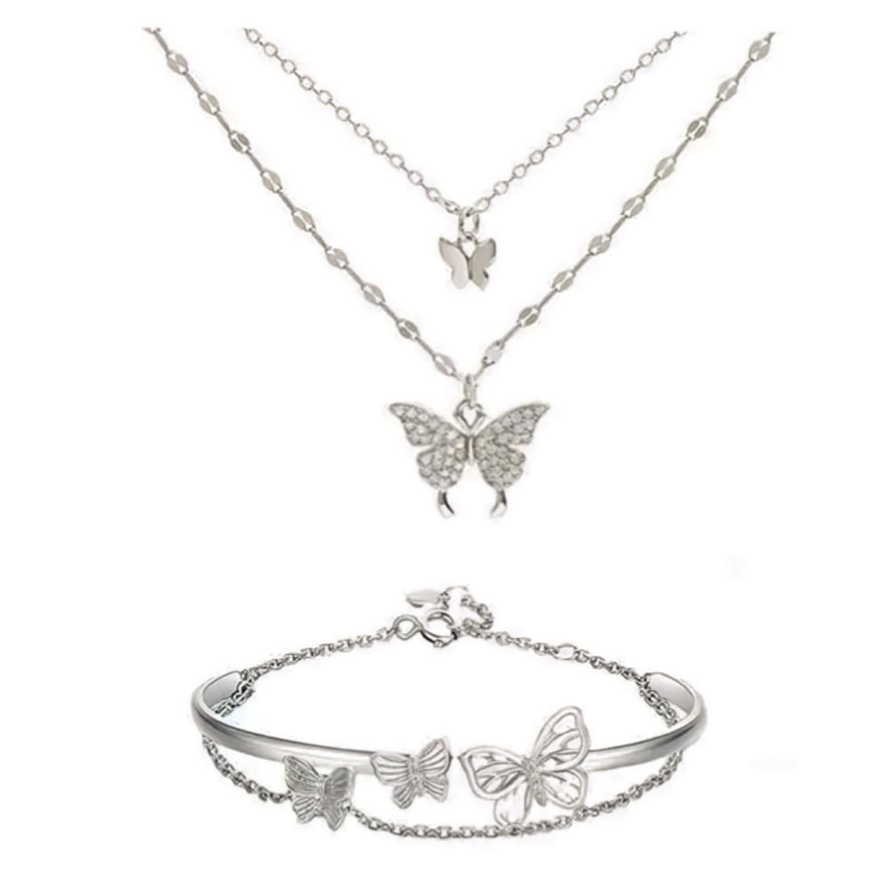 Collar De Cadena Doble Mariposas Brillantes Pulsera Mujer