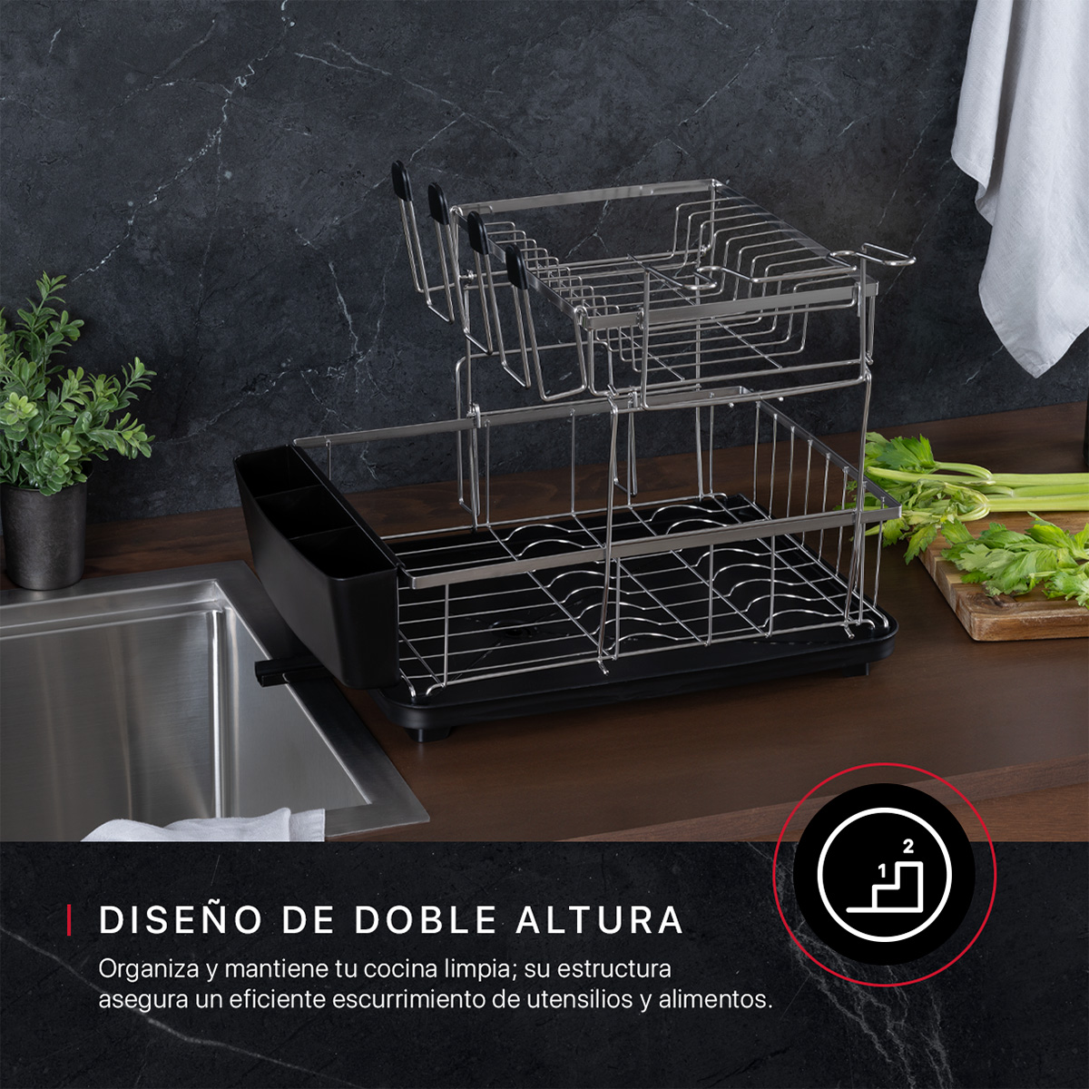 Escurridor Platos Acero Inoxidable - Con Drenaje Giratorio Y Ahorra Espacio (40x25x14 Cm)