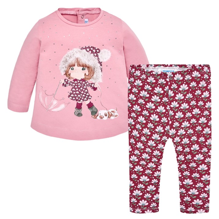 Conjunto Mayoral camiseta manga larga dibujo y leggings estampados para bebé niña.