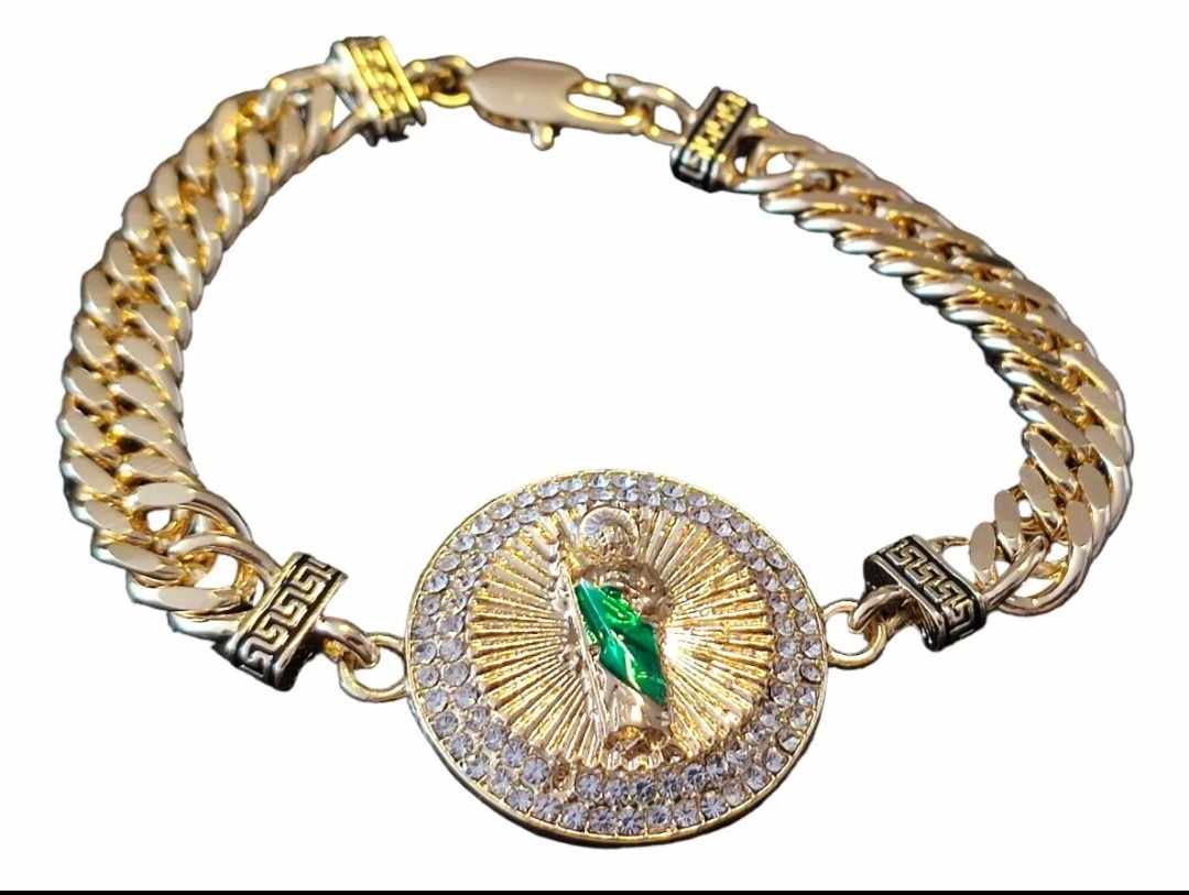 Esclava/Pulsera San Judas Tadeo de oro laminado de 18 kilates, medalla redonda