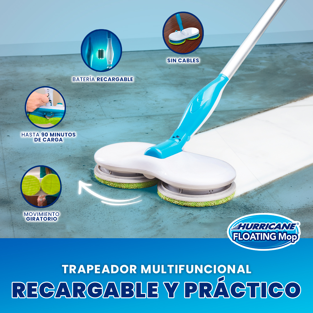 Trapeador Giratorio Automático Eléctrico Hurricane Floating Mop Tv Ofertas con 6 Almohadillas lavables y reutilizablesLimpia 10 Veces más Rápido 