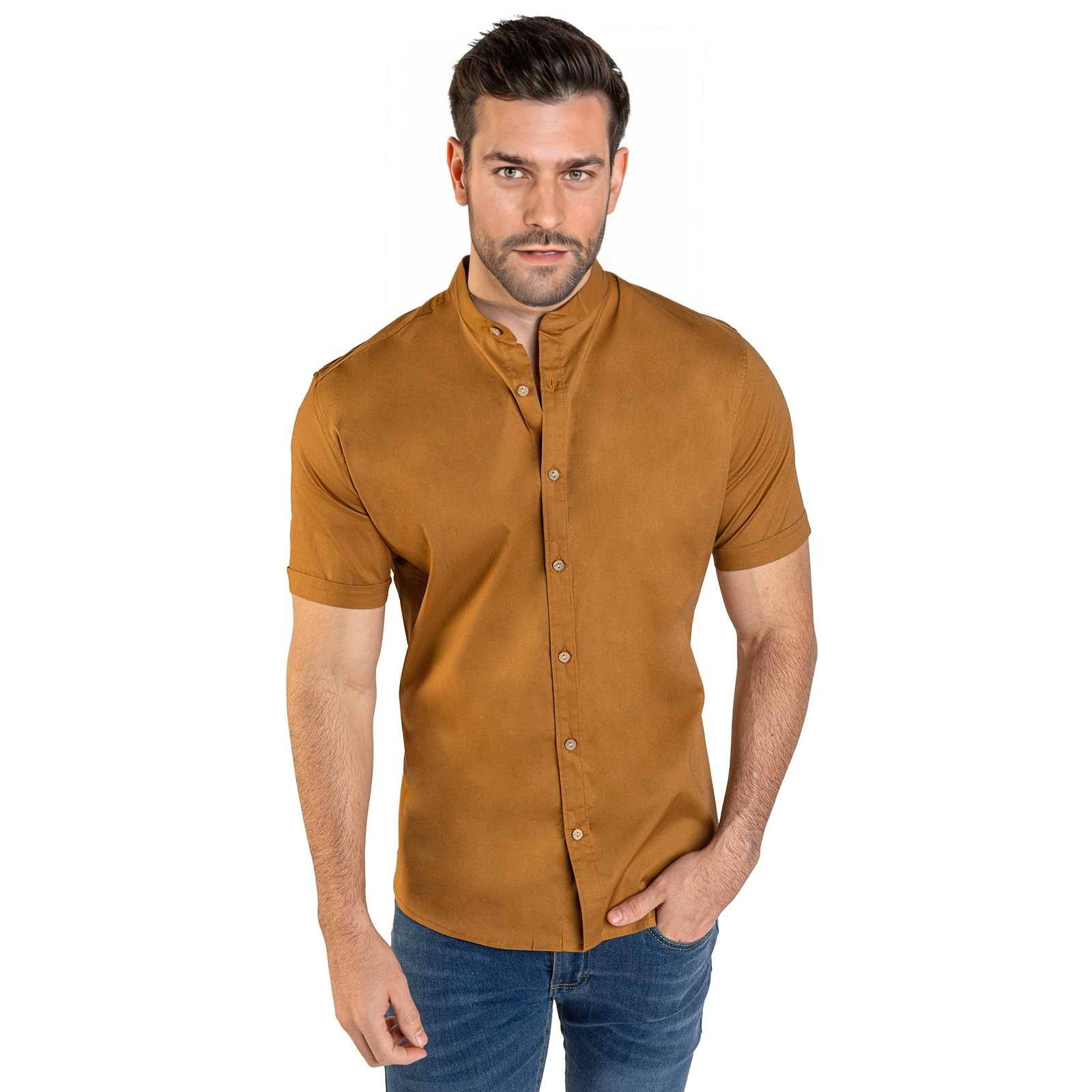 Camisa Manga Corta Para Hombre Cuello Mao Color Ocre