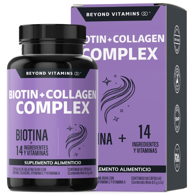 Biotina con Colágeno - 15 Ingredientes Cabello Piel Uñas - 60 Cápsulas