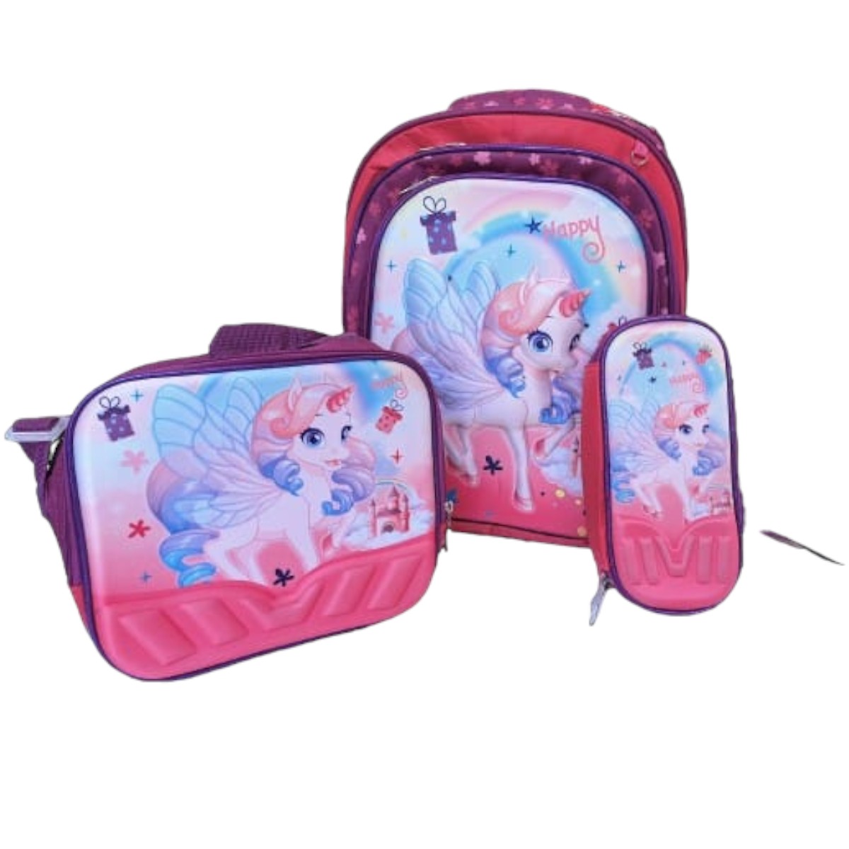 Set de mochila, lonchera y lapicera, unicornio kawaii