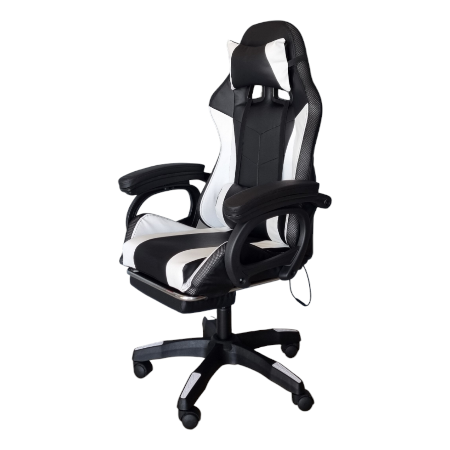 Silla Gamer Led con masajeador lumbar, descansa pies, reclinable Blanco y Negro.