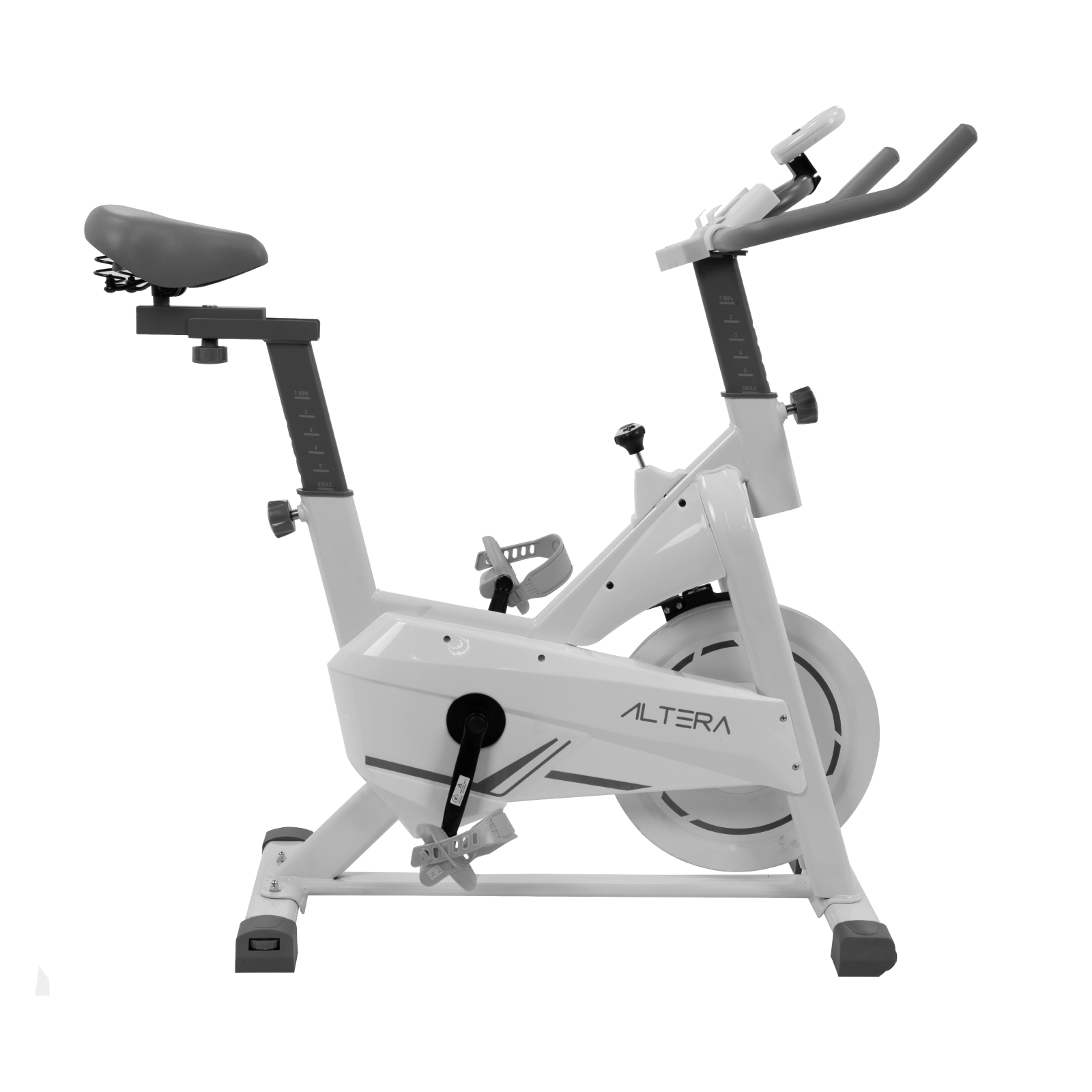 Altera - Bicicleta Fija ajustable para Spinning con disco de inercia y un monitor de progreso (BLANCO/GRIS)