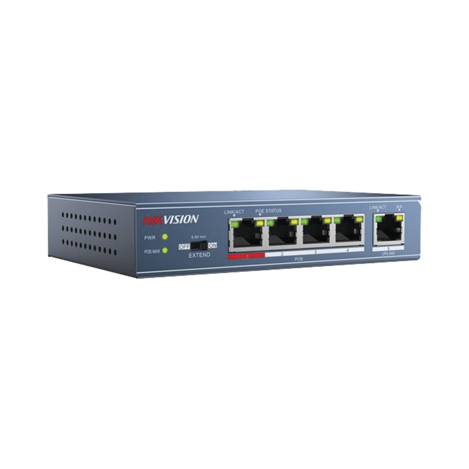 Switch PoE / 250 Metros PoE LARGA DISTANCIA / 4 Puertos 802.3at (30 W) 10/100 Mbps + 1 Puerto Uplink (10 / 100 Mbps)/HIKVISION