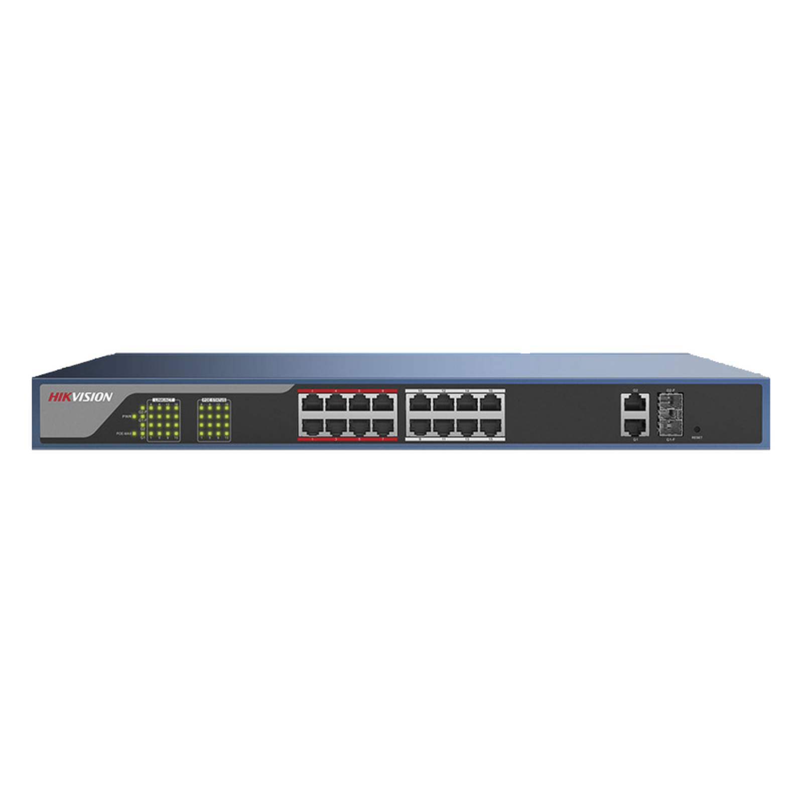 Switch PoE 250 Metros LARGA DISTANCIA / Administrable de acceso/ configuración vía WEB / 16 puertos 802.3at (30W) 10/100 Mbps + 2 puertos Gigabit + 2 puertos SFP/ HIKVISION
