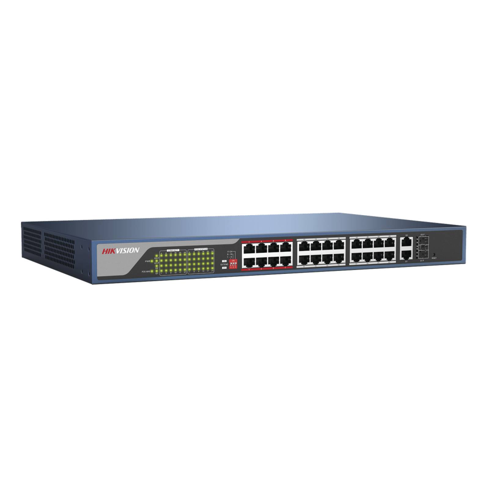 Switch administrable via WEB / 250m PoE LARGA DISTANCIA / 24 puertos 802.3af/at (30W) 10/100 Mbps + 2 puertos Gigabit + 2 puertos SFP/ HIKVISION