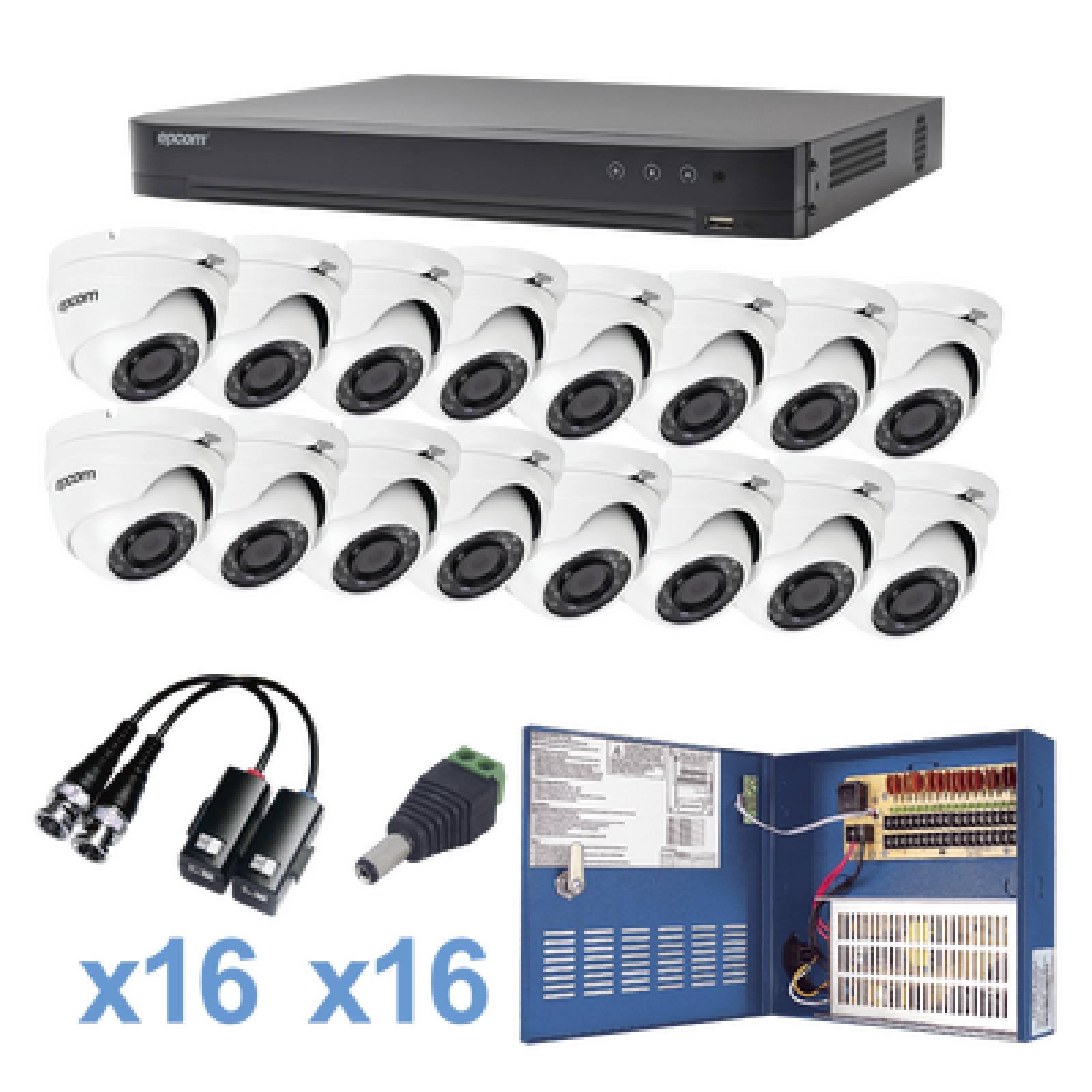 Sistema TURBOHD 1080p / DVR 16 Canales / 16 Cámaras Eyeball (exterior 2.8 mm) / Transceptores / Conectores / Fuente de Poder Profesional / EPCOM