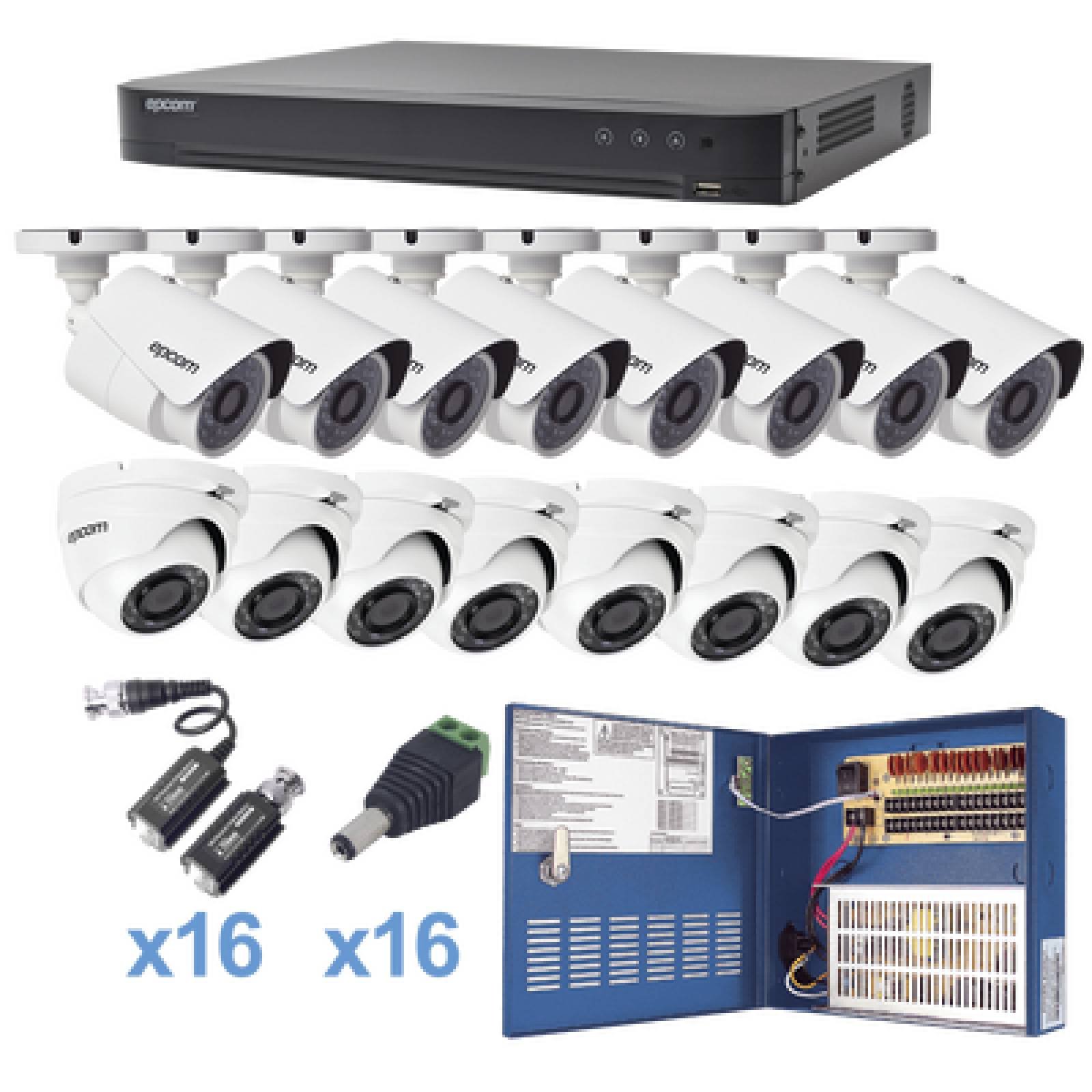 Sistema TURBOHD 1080p / DVR 16 Canales / 8 Cámaras Bala (exterior 2.8 mm) / 8 Cámaras Eyeball (exterior 2.8 mm) / Transceptores / Conectores / Fuente de Poder Profesional / EPCOM