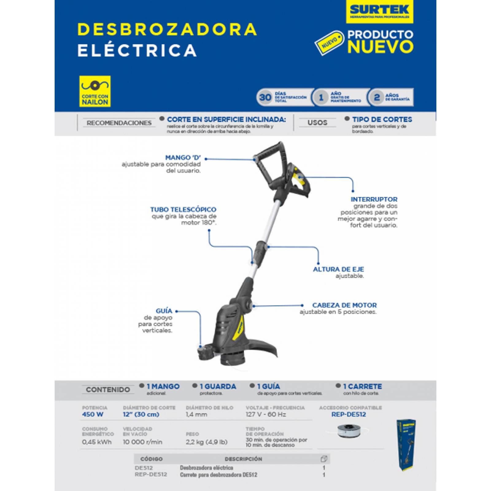 Desbrozadora Elect 12'' 450w 120v De 10000 Rpm De512 Surtek 