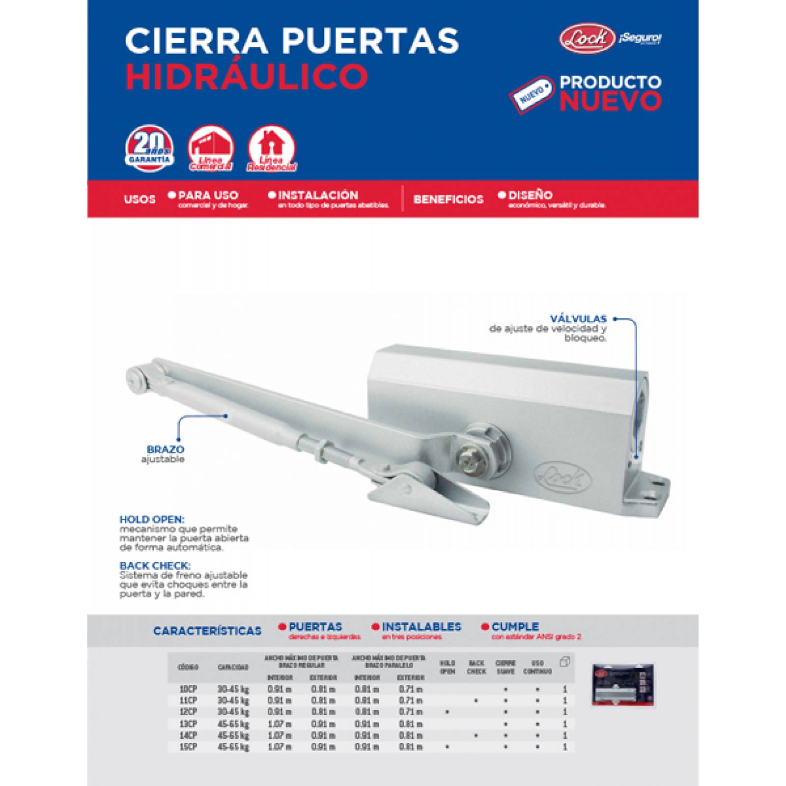 Cierra Puertas Hidráulico Hasta 45 Kg Función Hold Open Lock